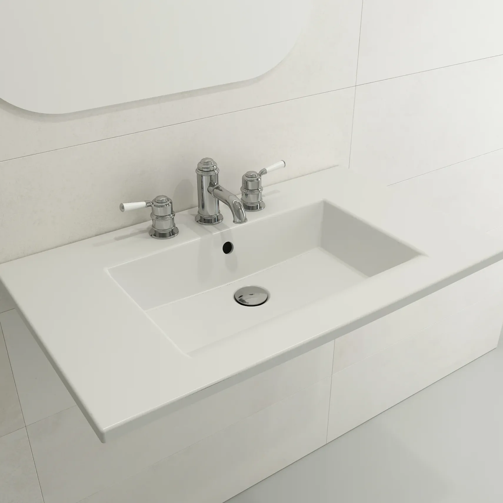 BOCCHI Ravenna 32" Rectangle Wallmount Fireclay Bathroom Sink, Matte White, Single Faucet Hole, 1113-002-0126