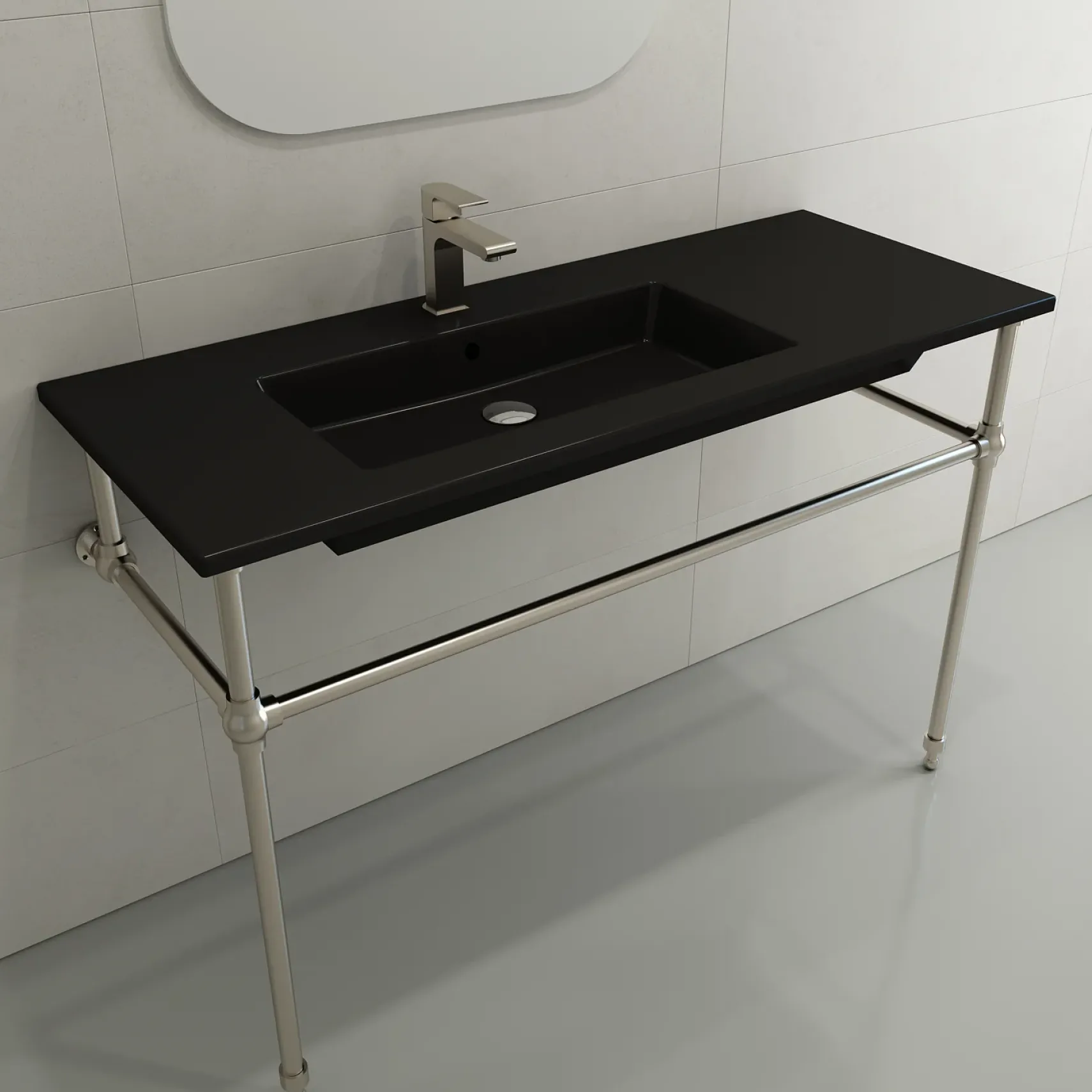BOCCHI Ravenna 48" Rectangle Wallmount Fireclay Bathroom Sink, Matte Black , Single Faucet Hole, 1305-004-0126