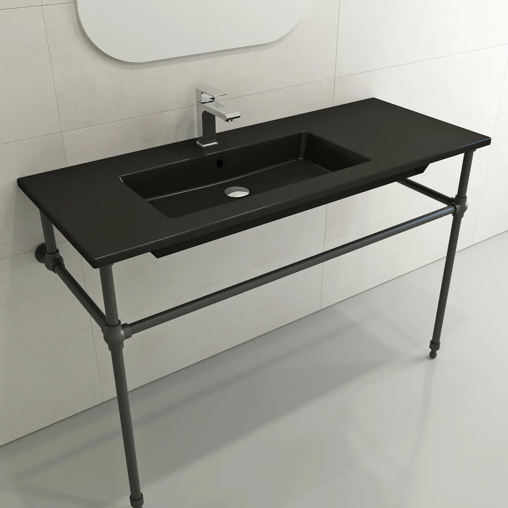 BOCCHI Ravenna 48" Rectangle Wallmount Fireclay Bathroom Sink, Matte Black , Single Faucet Hole, 1305-004-0126