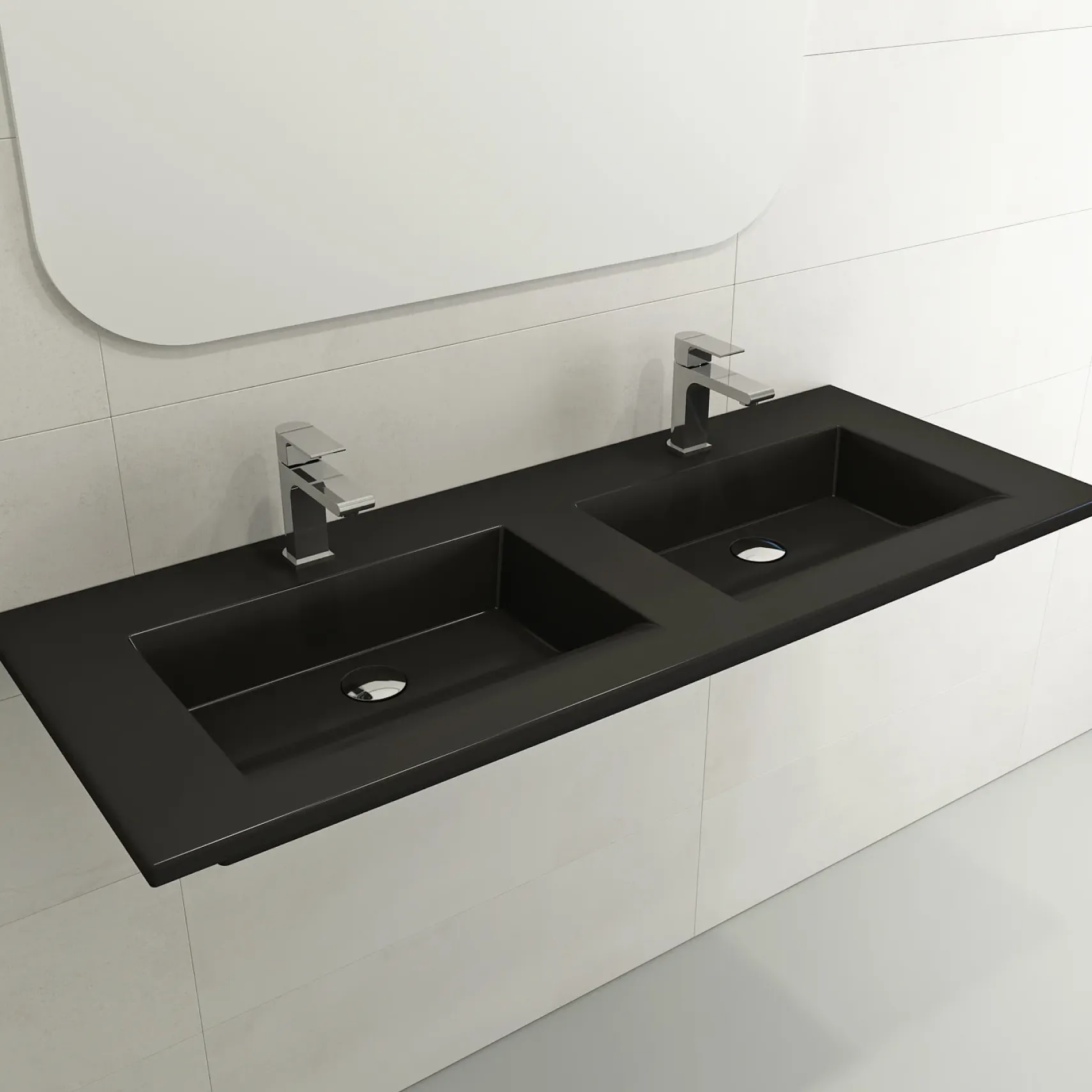 BOCCHI Ravenna 48" Rectangle Wallmount Fireclay Bathroom Sink, Double Basin, Matte Black, Single Faucet Hole, 1111-004-0132