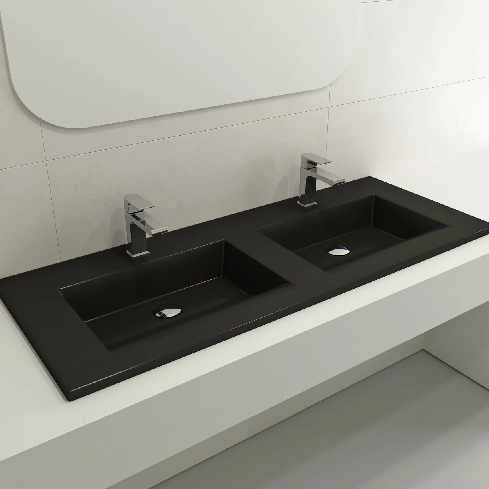 BOCCHI Ravenna 48" Rectangle Wallmount Fireclay Bathroom Sink, Double Basin, Matte Black, Single Faucet Hole, 1111-004-0132