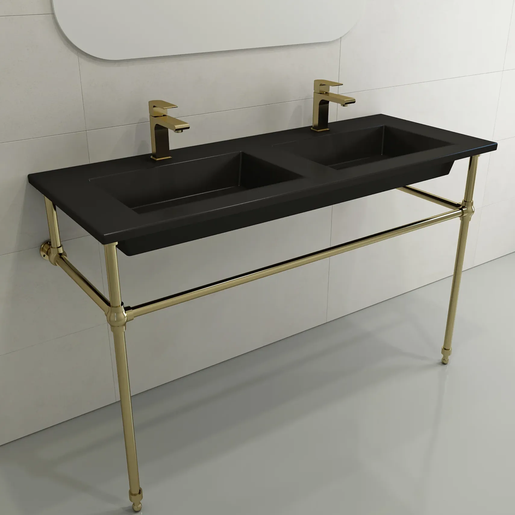 BOCCHI Ravenna 48" Rectangle Wallmount Fireclay Bathroom Sink, Double Basin, Matte Black, Single Faucet Hole, 1111-004-0132