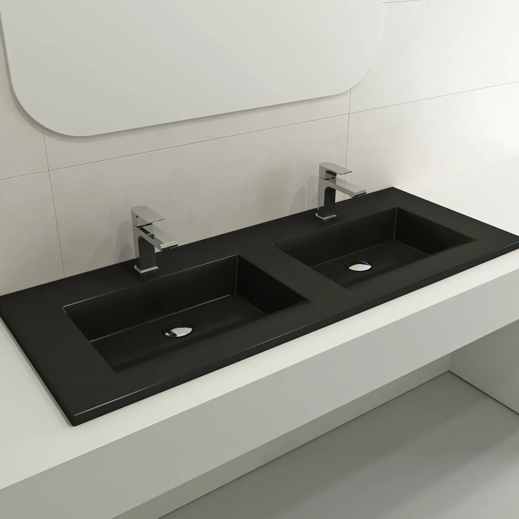 BOCCHI Ravenna 48" Rectangle Wallmount Fireclay Bathroom Sink, Double Basin, Matte Black, Single Faucet Hole, 1111-004-0132