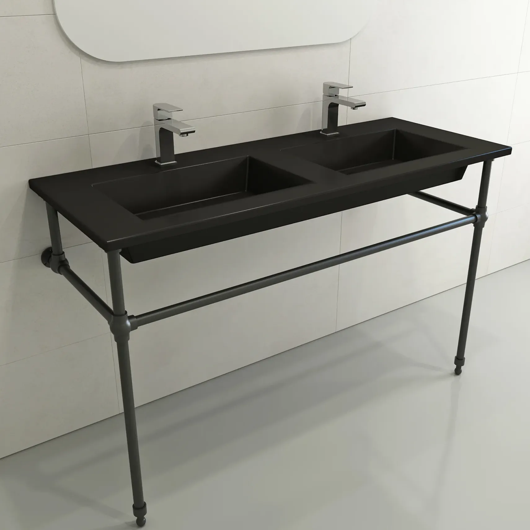 BOCCHI Ravenna 48" Rectangle Wallmount Fireclay Bathroom Sink, Double Basin, Matte Black, Single Faucet Hole, 1111-004-0132