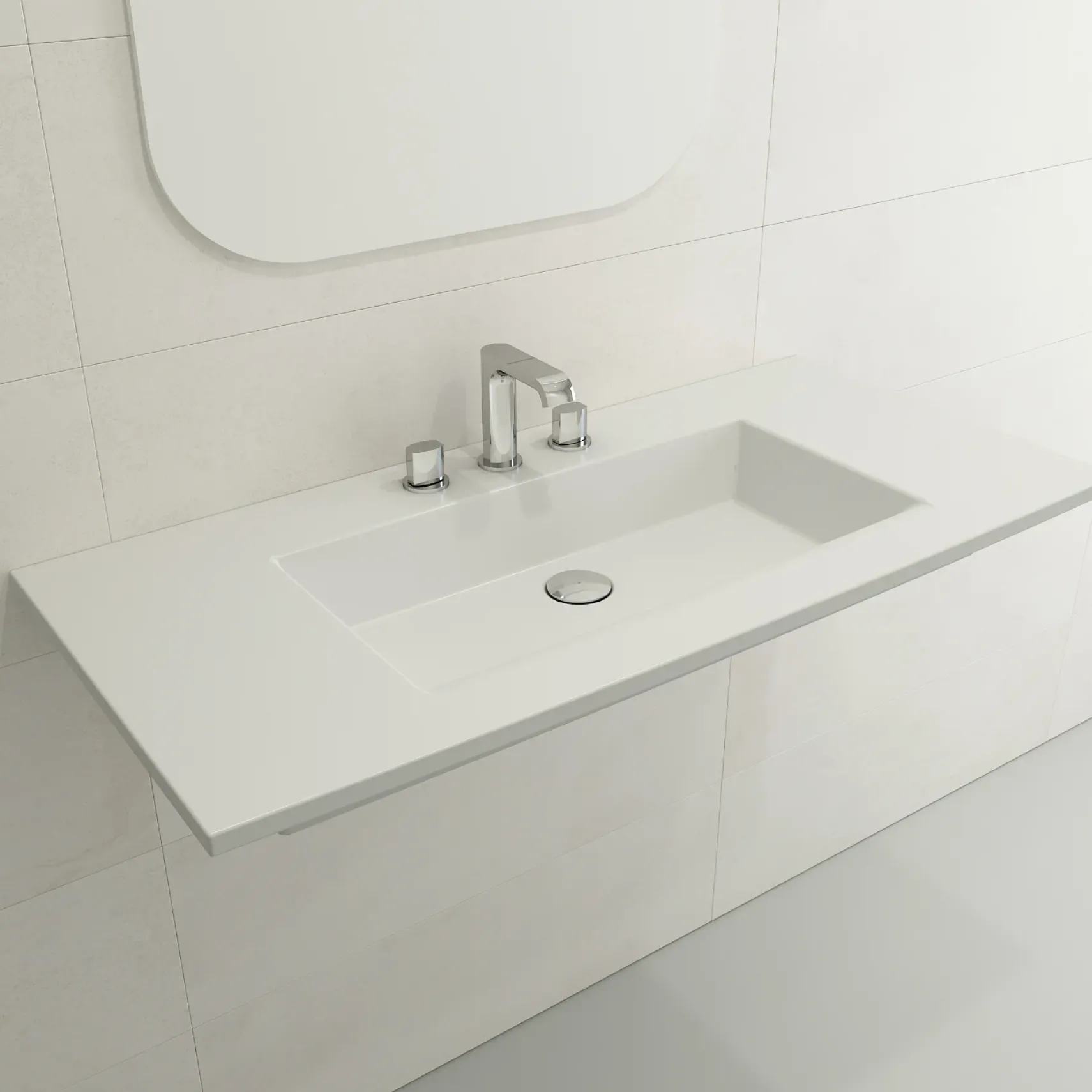 BOCCHI Ravenna 41" Rectangle Wallmount Fireclay Bathroom Sink, Matte White, 3 Faucet Hole, 1105-002-0127