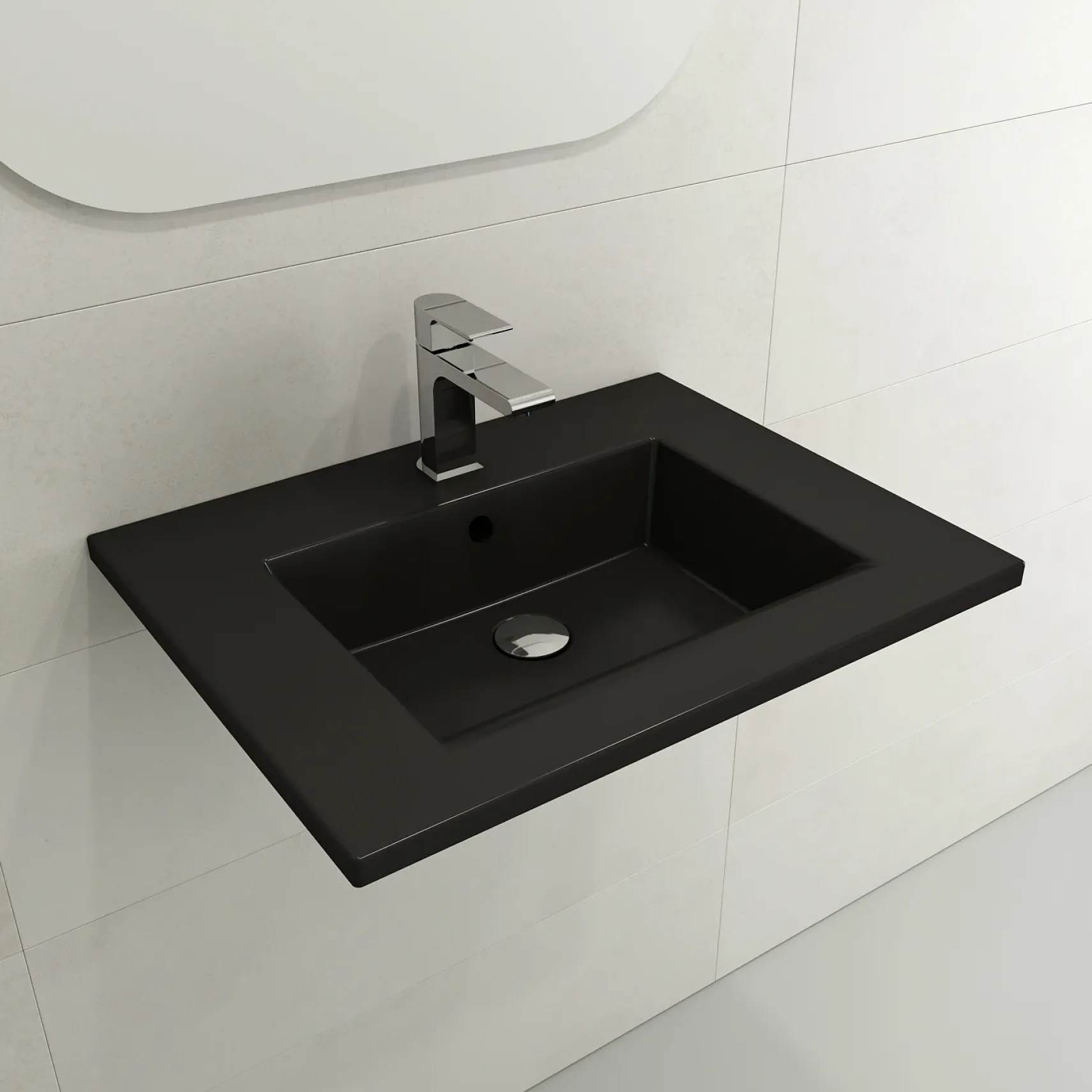 BOCCHI Ravenna 25" Rectangle Wallmount Fireclay Bathroom Sink, Matte Black, Single Faucet Hole, 1161-004-0126