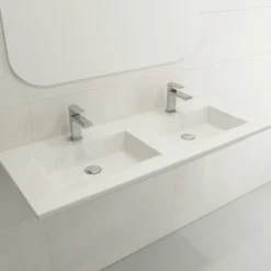 BOCCHI Ravenna 48" Rectangle Wallmount Fireclay Bathroom Sink, Double Basin, White, Single Faucet Hole, 1111-001-0132