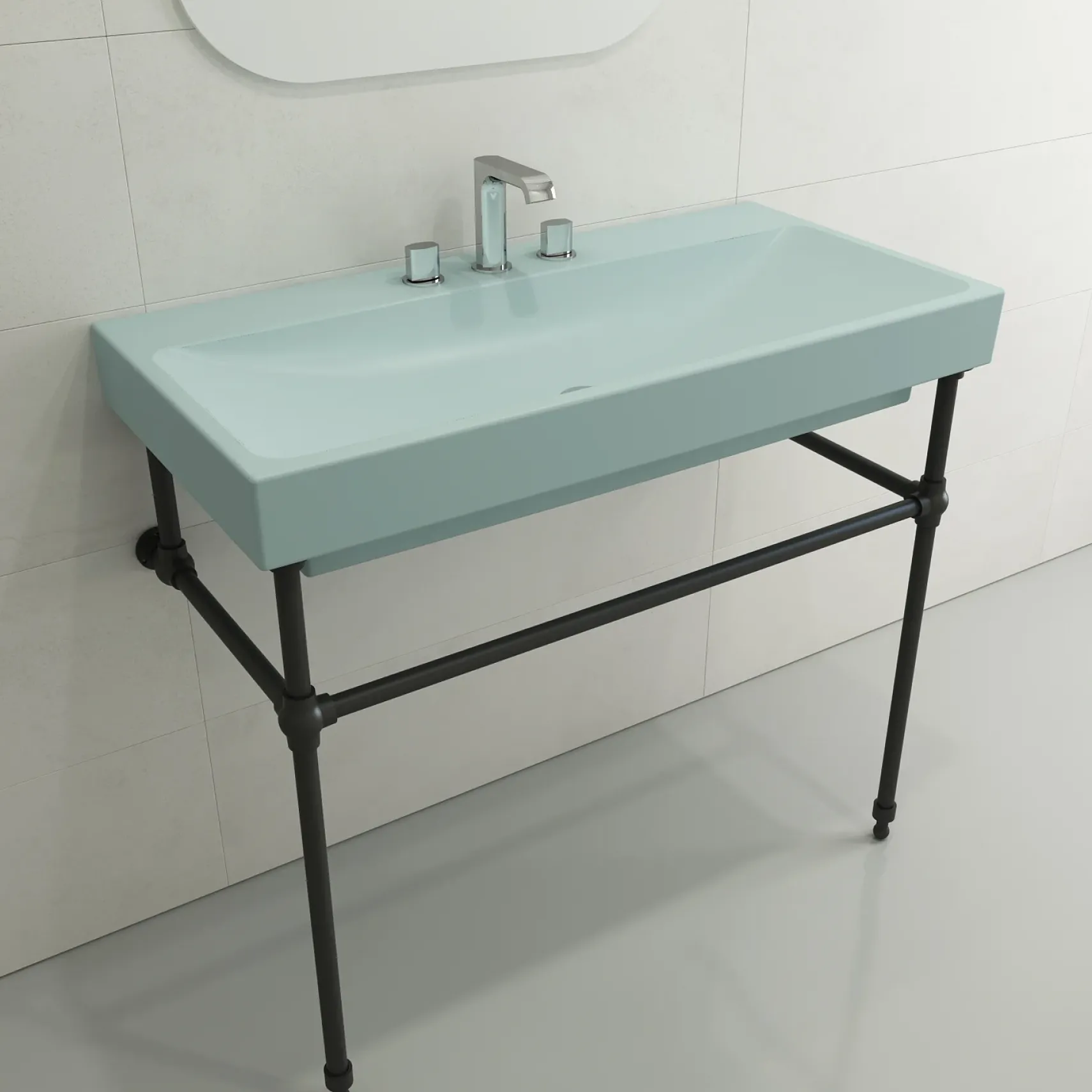 BOCCHI Scala 40" Rectangle Wallmount Fireclay Bathroom Sink, Matte Ice Blue, 3 Faucet Hole, 1079-029-0127