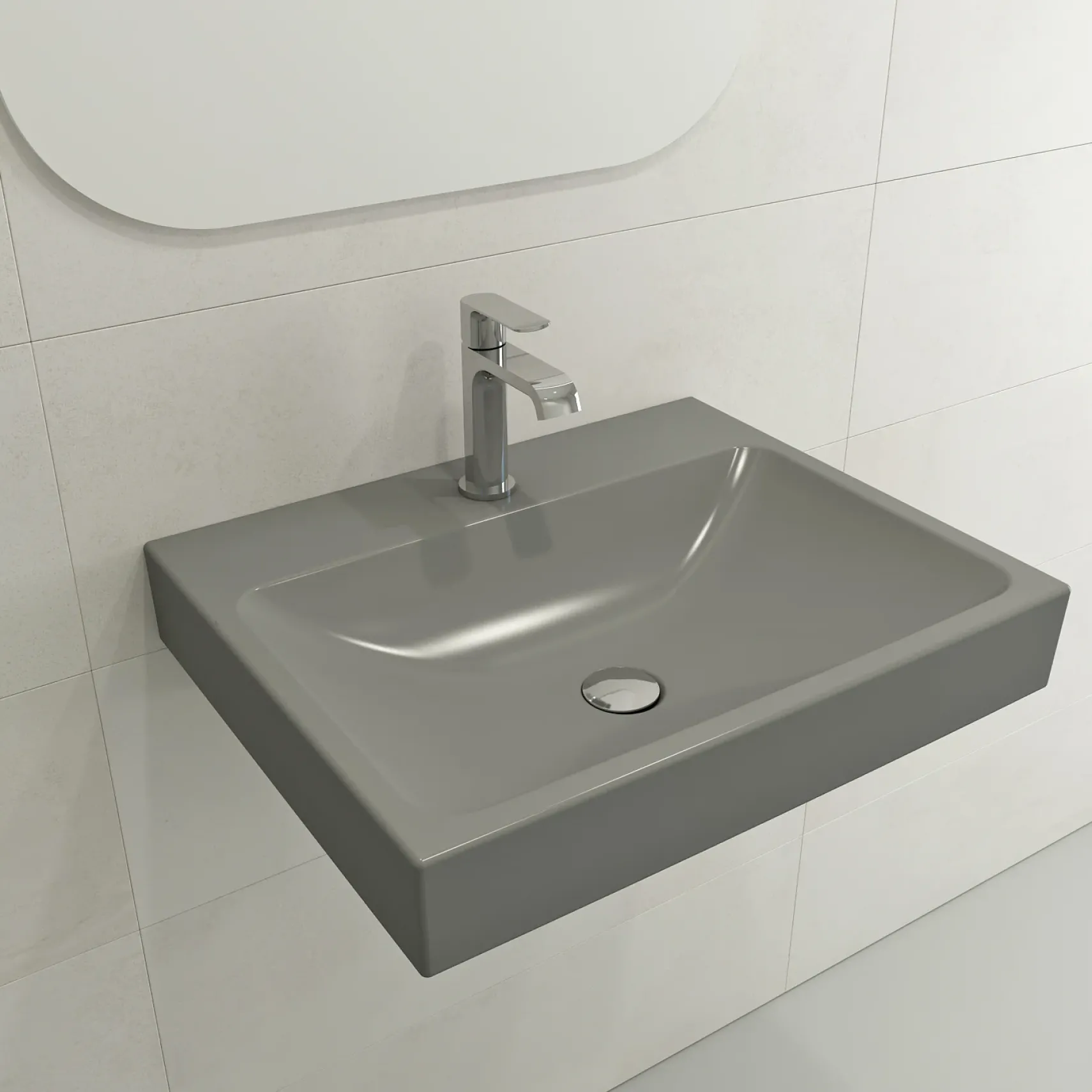 BOCCHI Scala 24" Rectangle Wallmount Fireclay Bathroom Sink, Matte Gray, Single Faucet Hole, 1077-006-0126