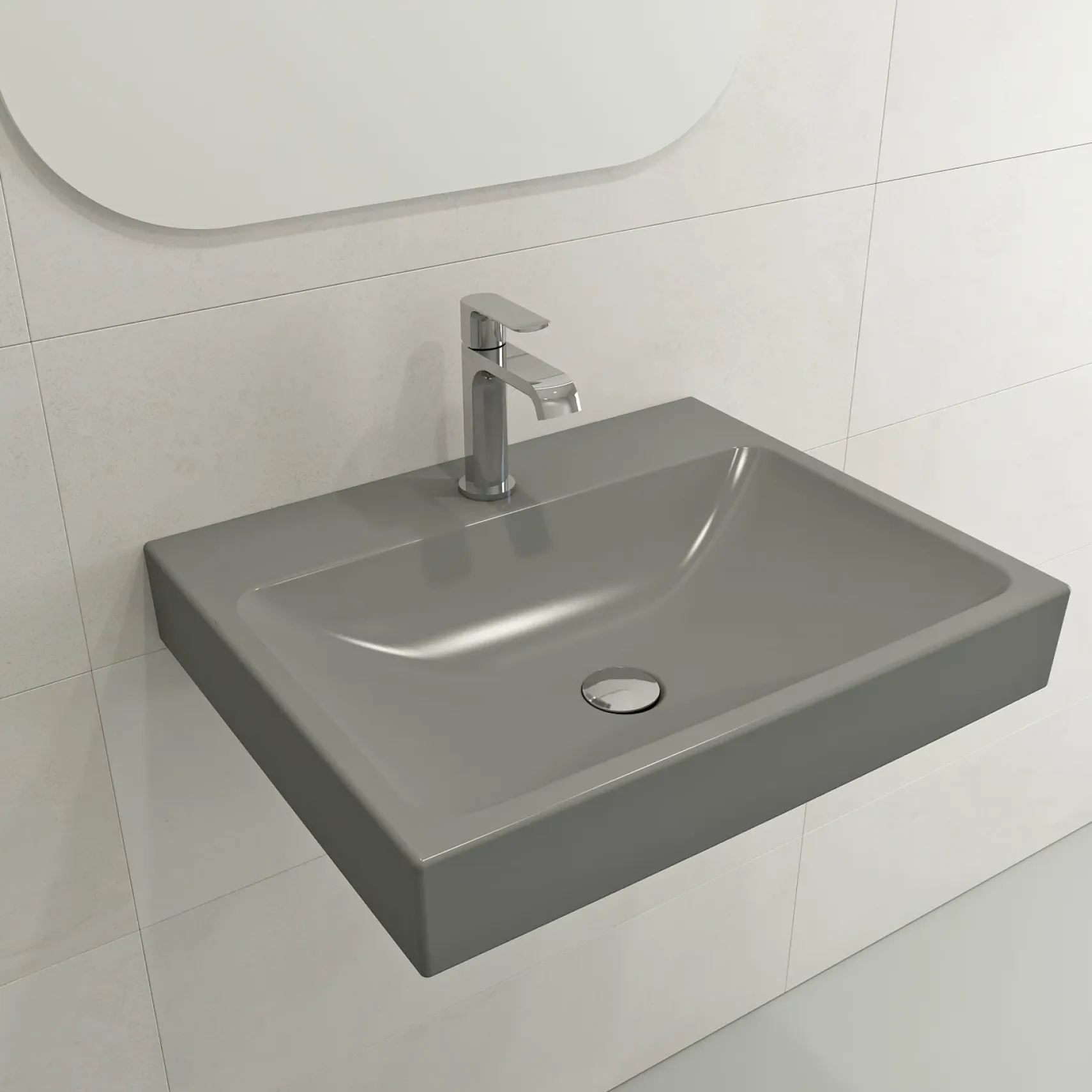 BOCCHI Scala 24" Rectangle Wallmount Fireclay Bathroom Sink, Matte Gray, Single Faucet Hole, 1077-006-0126