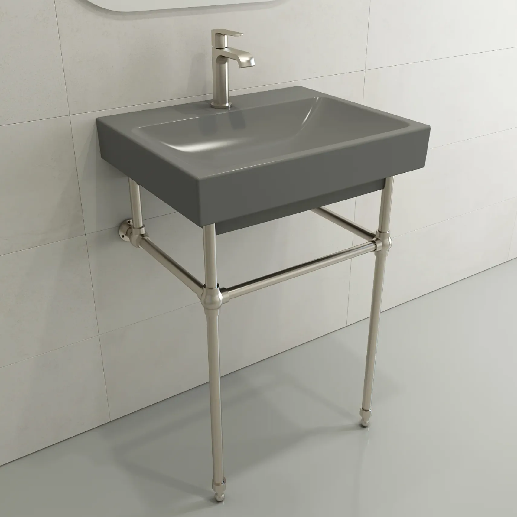 BOCCHI Scala 24" Rectangle Wallmount Fireclay Bathroom Sink, Matte Gray, Single Faucet Hole, 1077-006-0126