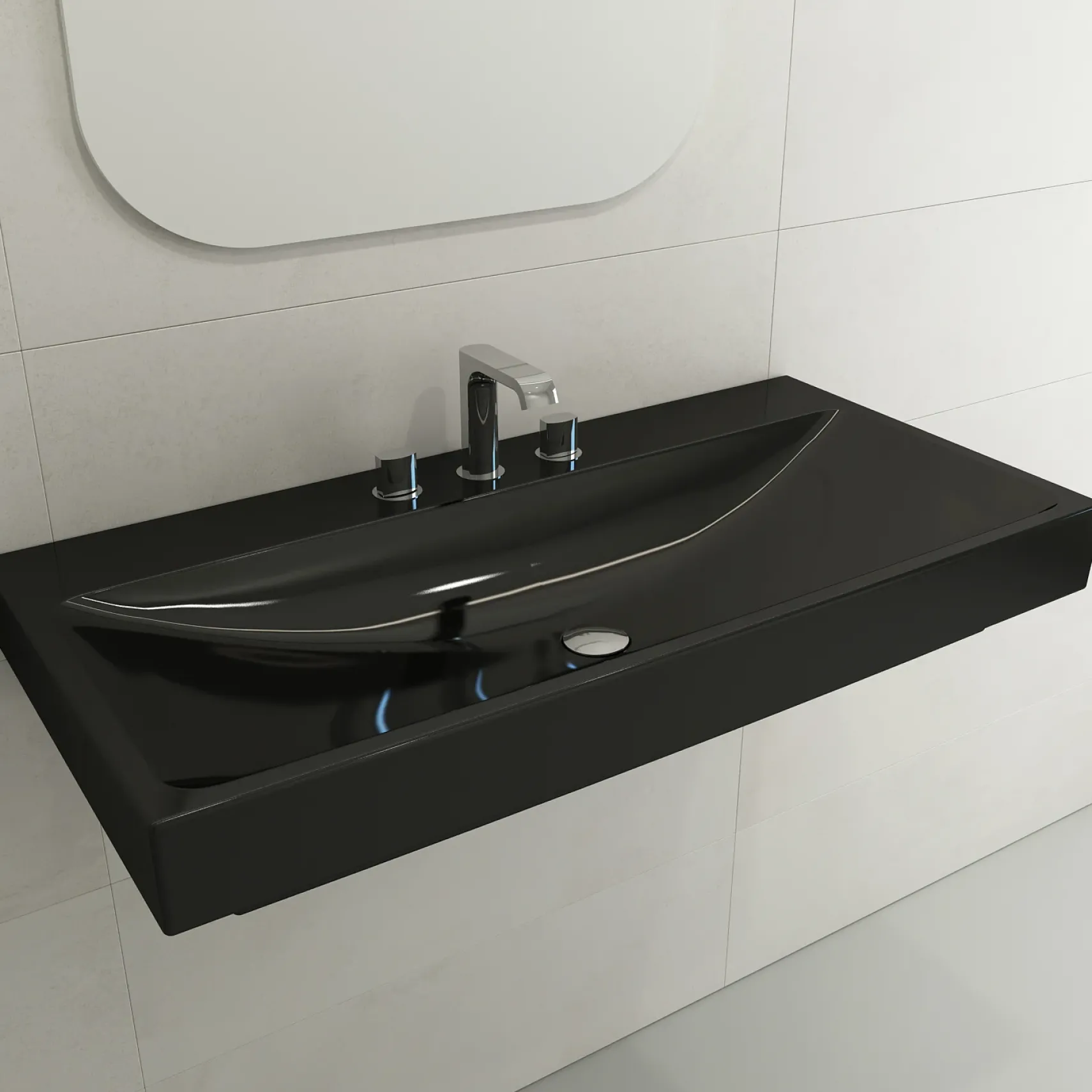 BOCCHI Scala 40" Rectangle Wallmount Fireclay Bathroom Sink, Black, 3 Faucet Hole, 1079-005-0127