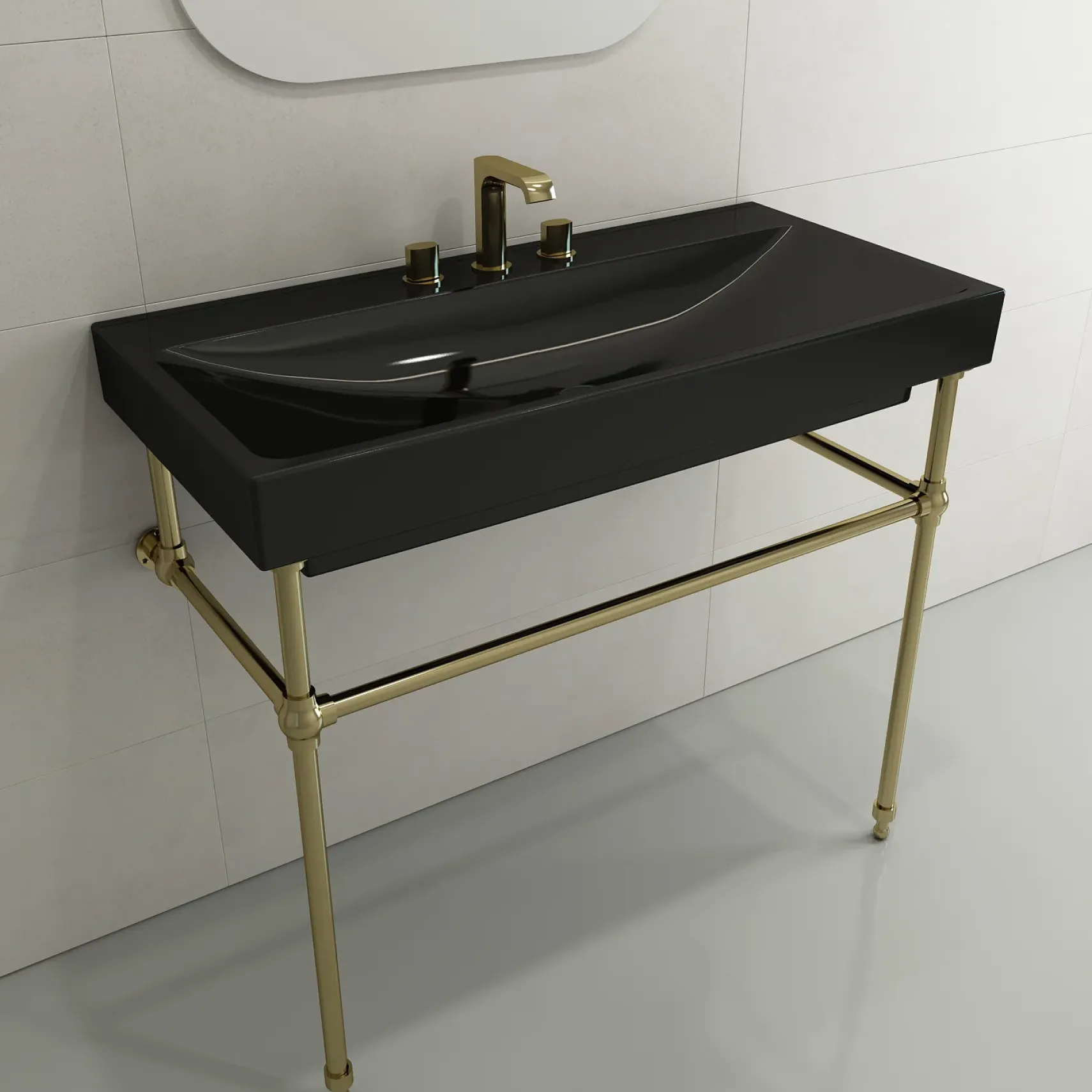 BOCCHI Scala 40" Rectangle Wallmount Fireclay Bathroom Sink, Black, 3 Faucet Hole, 1079-005-0127