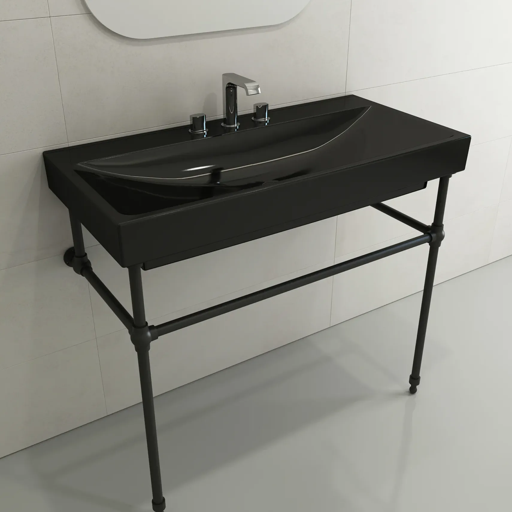 BOCCHI Scala 40" Rectangle Wallmount Fireclay Bathroom Sink, Black, 3 Faucet Hole, 1079-005-0127