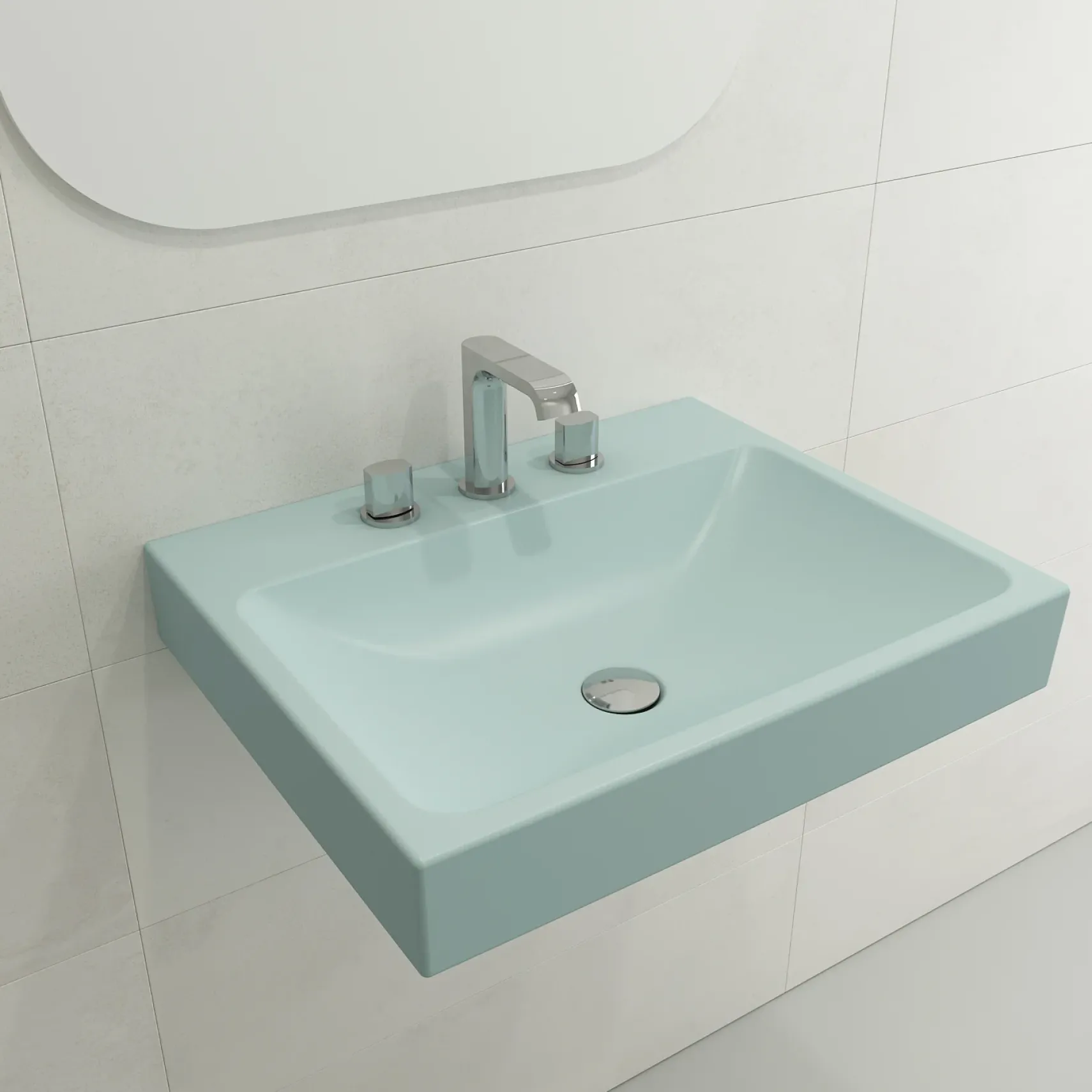 BOCCHI Scala 24" Rectangle Wallmount Fireclay Bathroom Sink, Matte Ice Blue, 3 Faucet Hole, 1077-029-0127