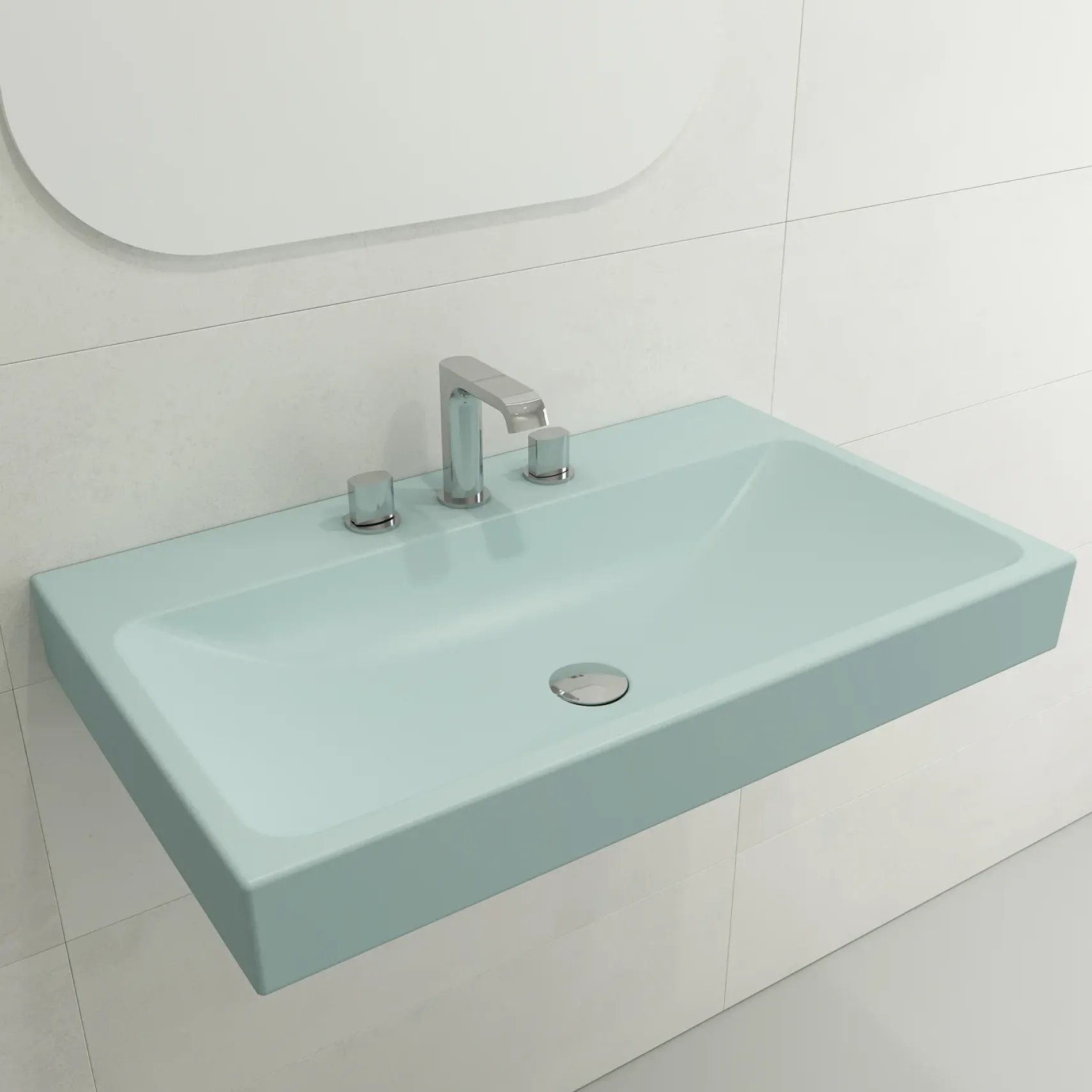 BOCCHI Scala 32" Rectangle Wallmount Fireclay Bathroom Sink, Matte Ice Blue, 3 Faucet Hole, 1078-029-0127