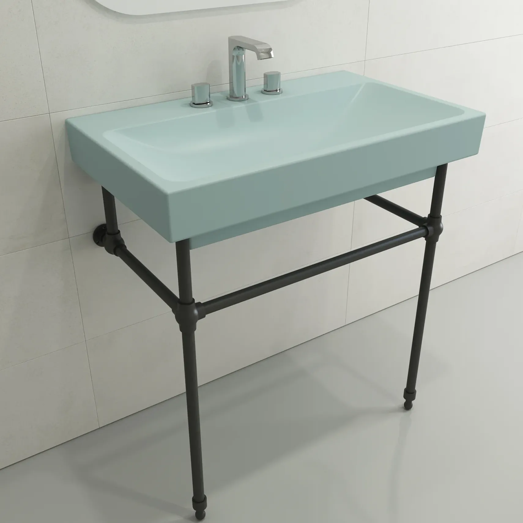 BOCCHI Scala 32" Rectangle Wallmount Fireclay Bathroom Sink, Matte Ice Blue, 3 Faucet Hole, 1078-029-0127