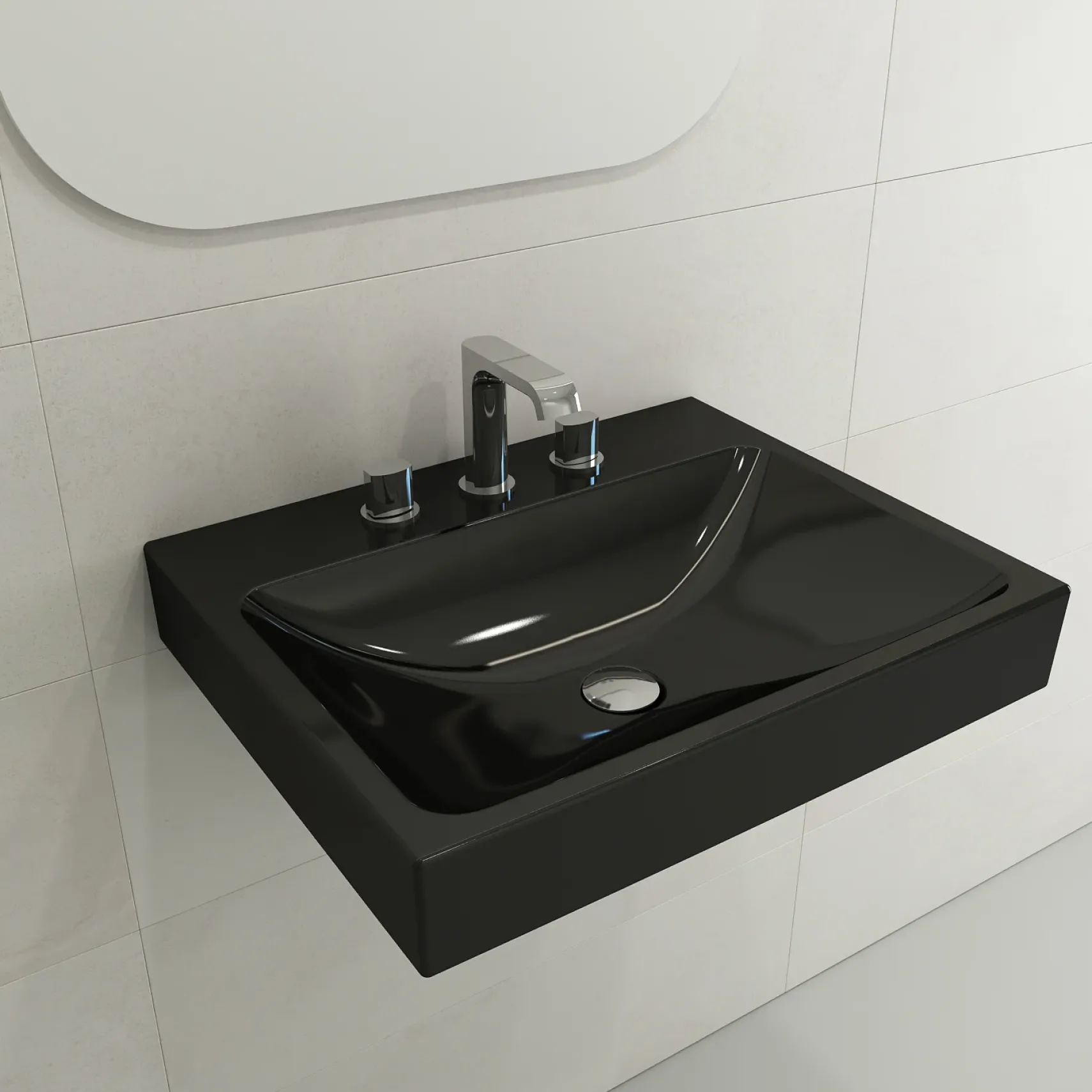 BOCCHI Scala 24" Rectangle Wallmount Fireclay Bathroom Sink, Black, 3 Faucet Hole, 1077-005-0127