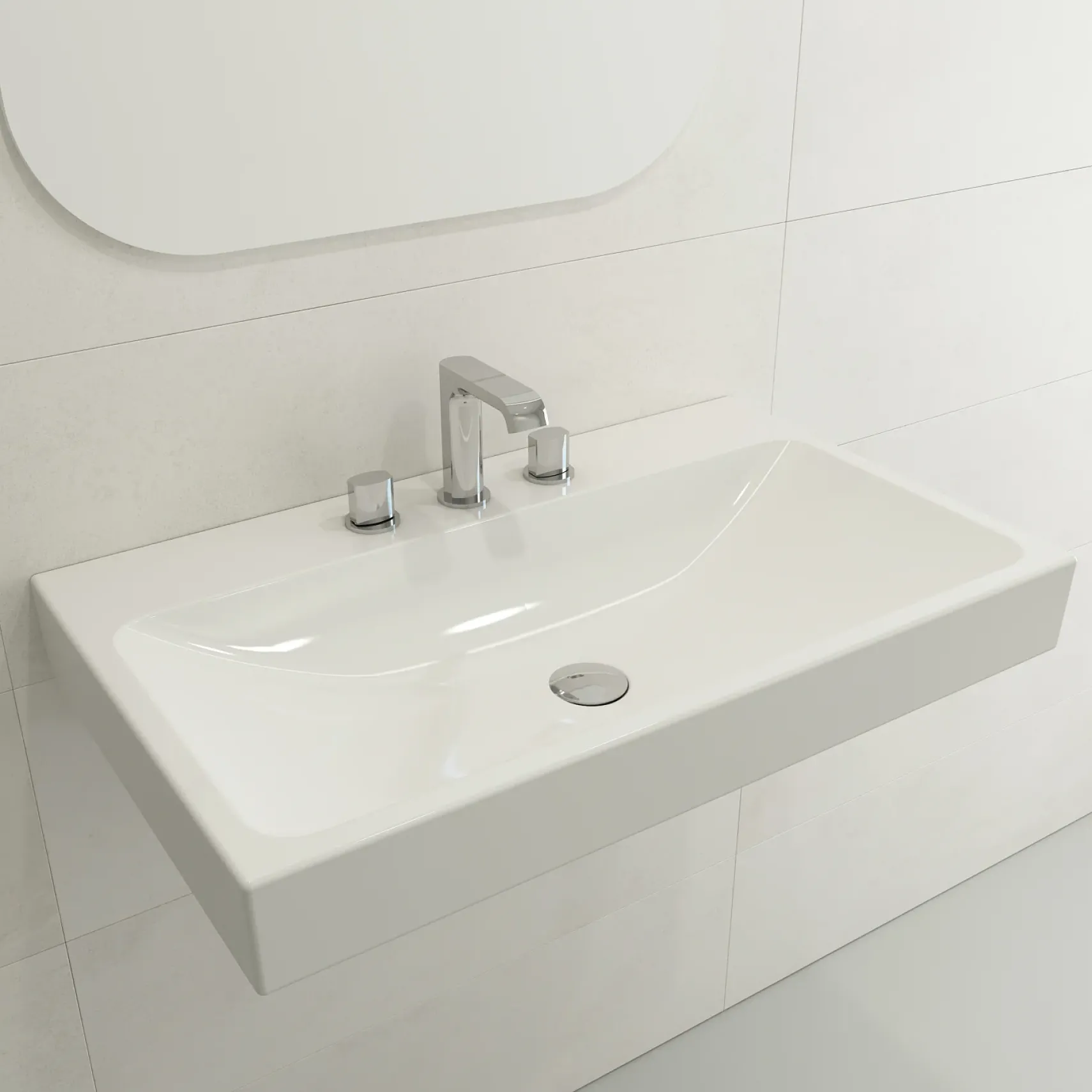 BOCCHI Scala 32" Rectangle Wallmount Fireclay Bathroom Sink, White, 3 Faucet Hole, 1078-001-0127
