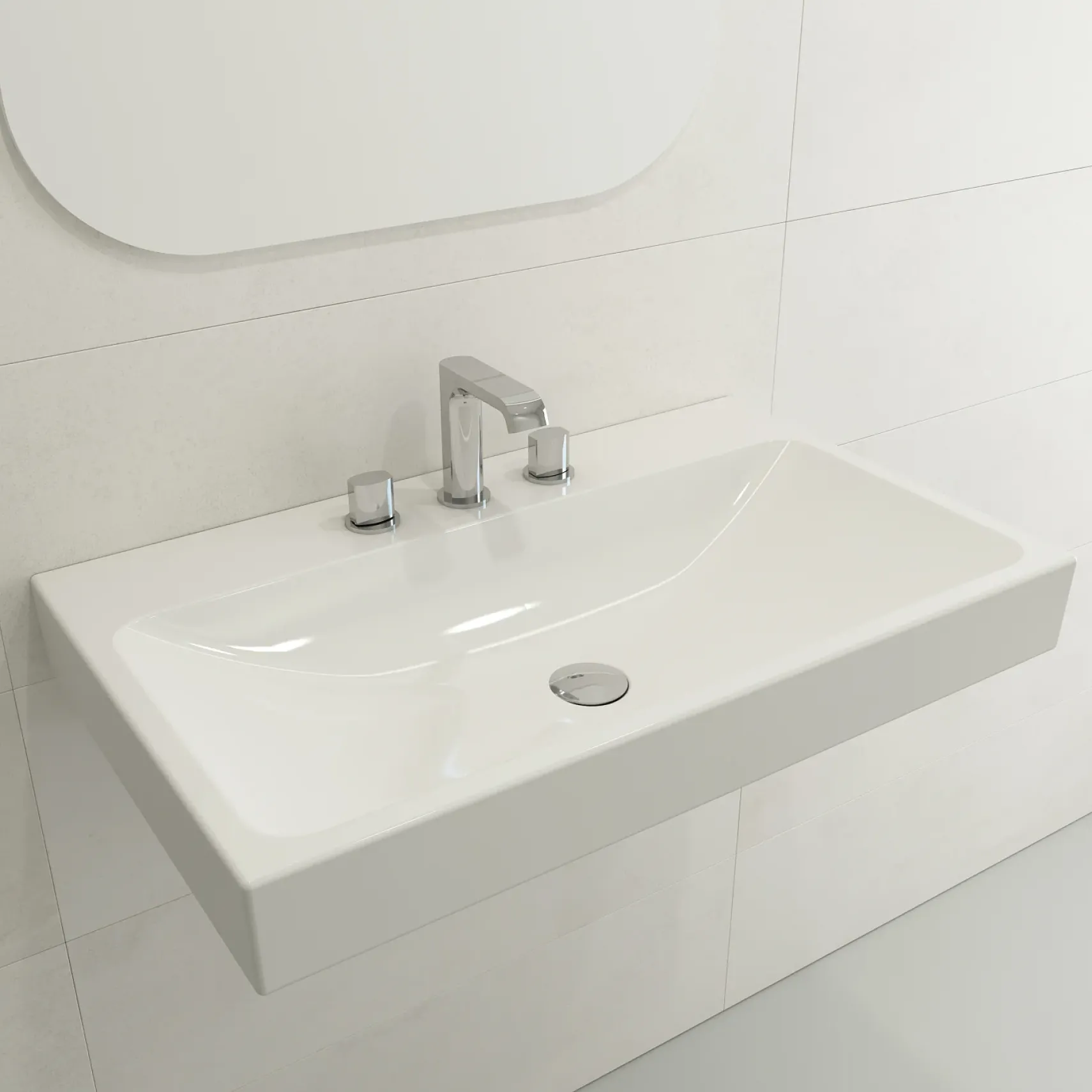 BOCCHI Scala 32" Rectangle Wallmount Fireclay Bathroom Sink, White, 3 Faucet Hole, 1078-001-0127