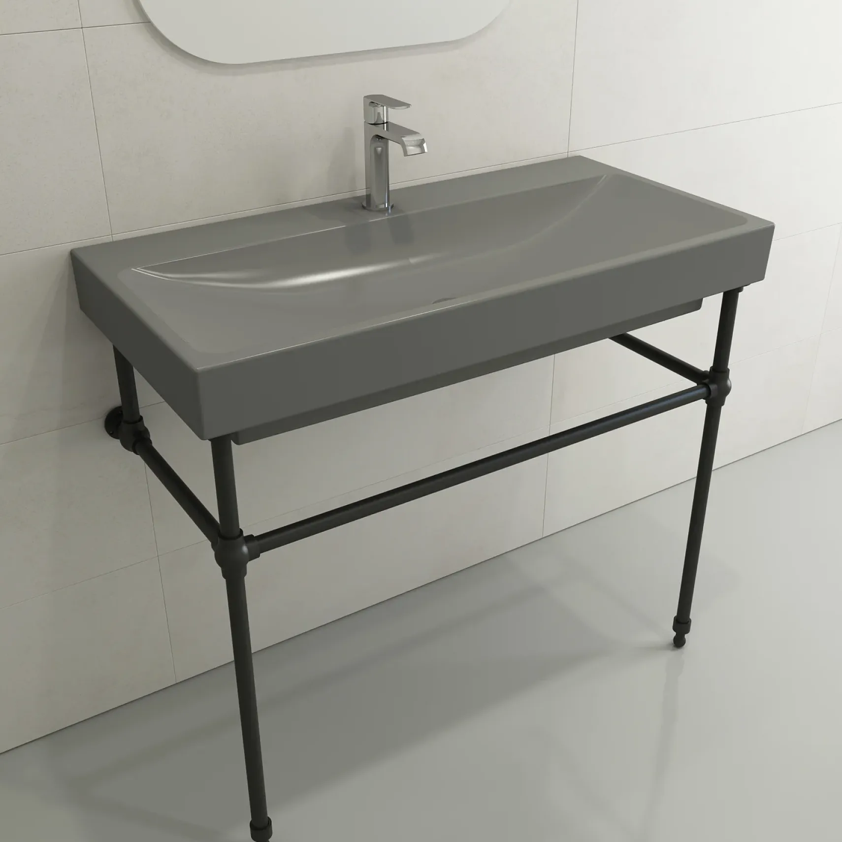 BOCCHI Scala 40" Rectangle Wallmount Fireclay Bathroom Sink, Matte Gray, Single Faucet Hole, 1079-006-0126