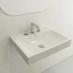 BOCCHI Scala 24" Rectangle Wallmount Fireclay Bathroom Sink, Biscuit, 3 Faucet Hole, 1077-014-0127