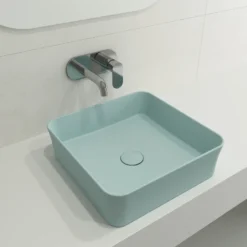 BOCCHI Sottile 15" Square Vessel Fireclay Bathroom Sink, Matte Ice Blue, 1477-029-0125
