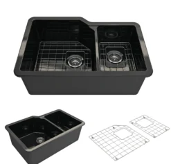 BOCCHI Sotto 33" Dual Mount Fireclay Kitchen Sink with Accessories, 60/40 Double Bowl, Black, 1506-005-0120
