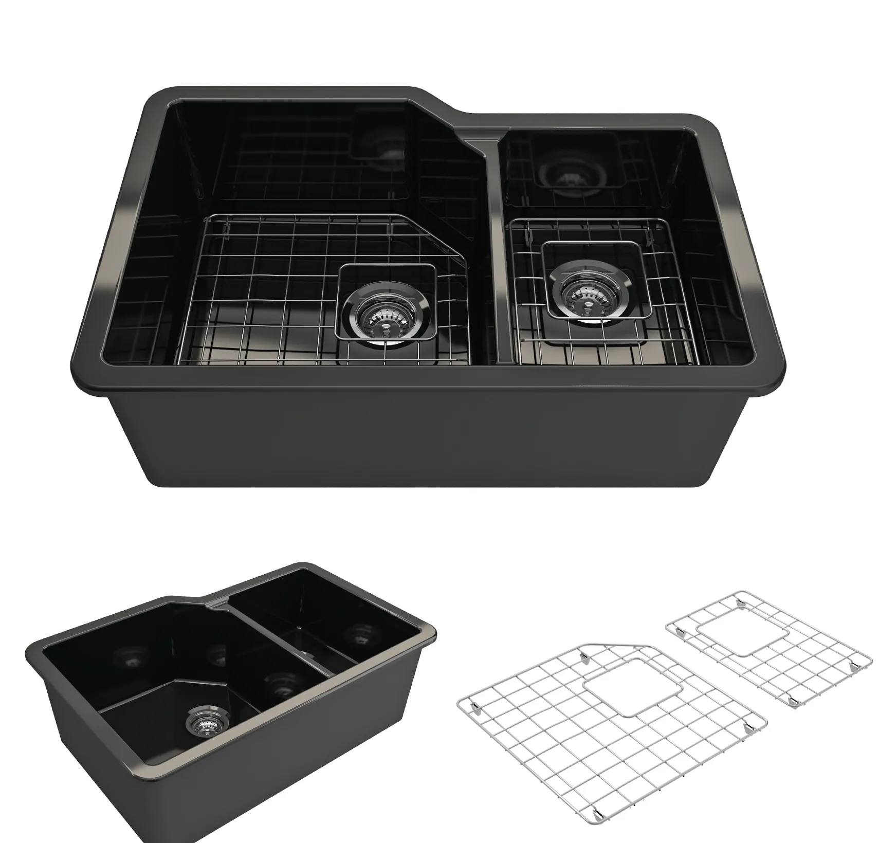 BOCCHI Sotto 33" Dual Mount Fireclay Kitchen Sink with Accessories, 60/40 Double Bowl, Black, 1506-005-0120