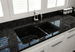 BOCCHI Sotto 33" Dual Mount Fireclay Kitchen Sink with Accessories, 60/40 Double Bowl, Black, 1506-005-0120