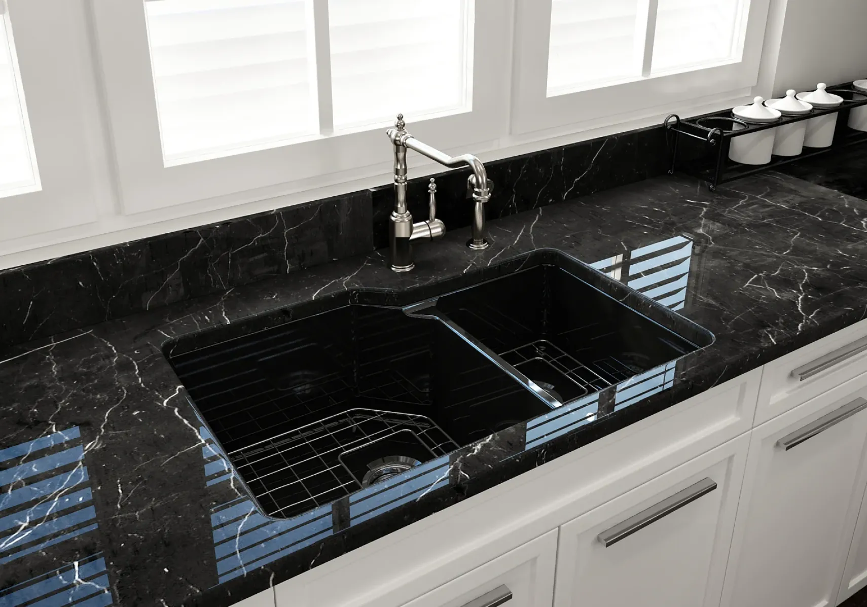 BOCCHI Sotto 33" Dual Mount Fireclay Kitchen Sink with Accessories, 60/40 Double Bowl, Black, 1506-005-0120