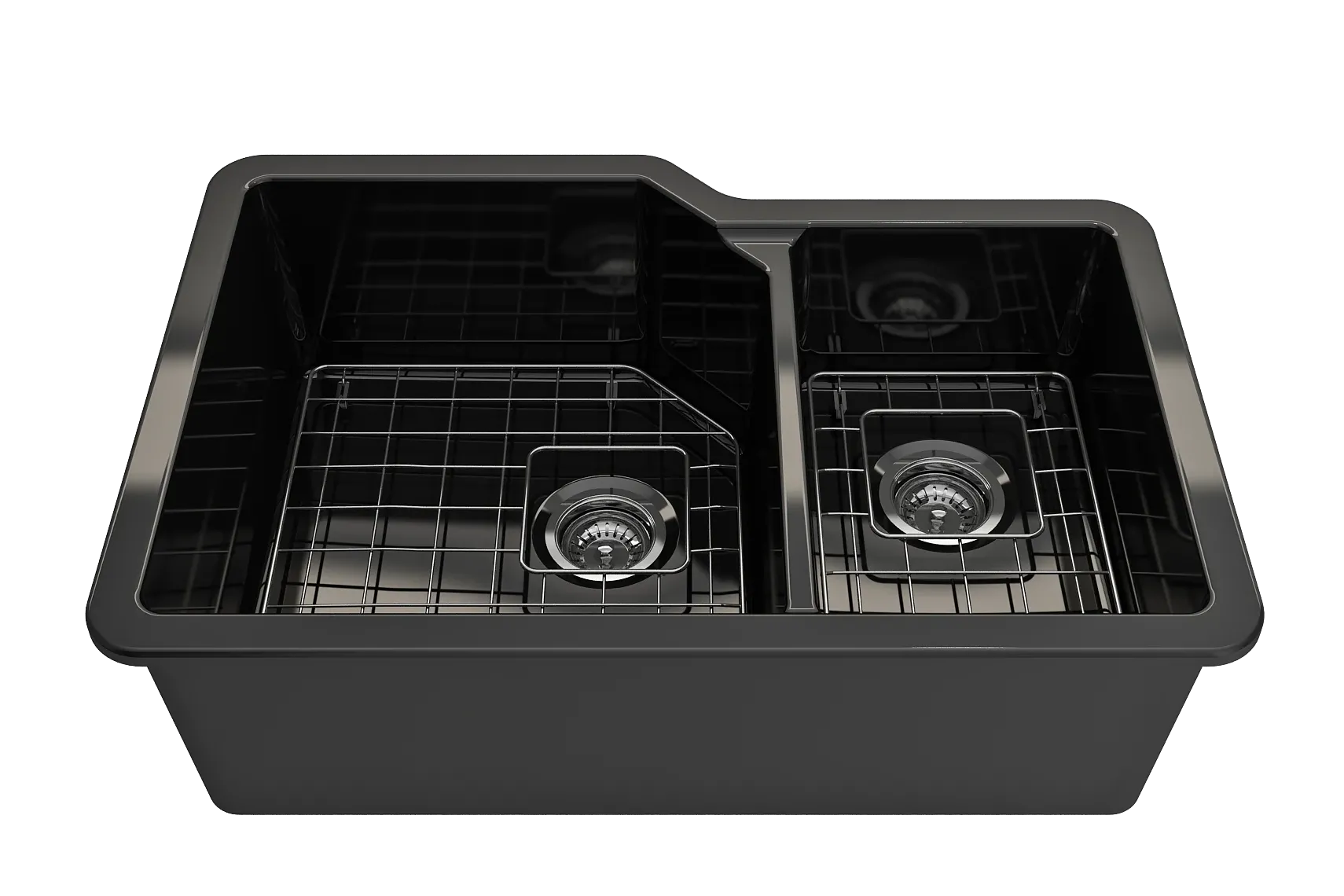 BOCCHI Sotto 33" Dual Mount Fireclay Kitchen Sink with Accessories, 60/40 Double Bowl, Black, 1506-005-0120