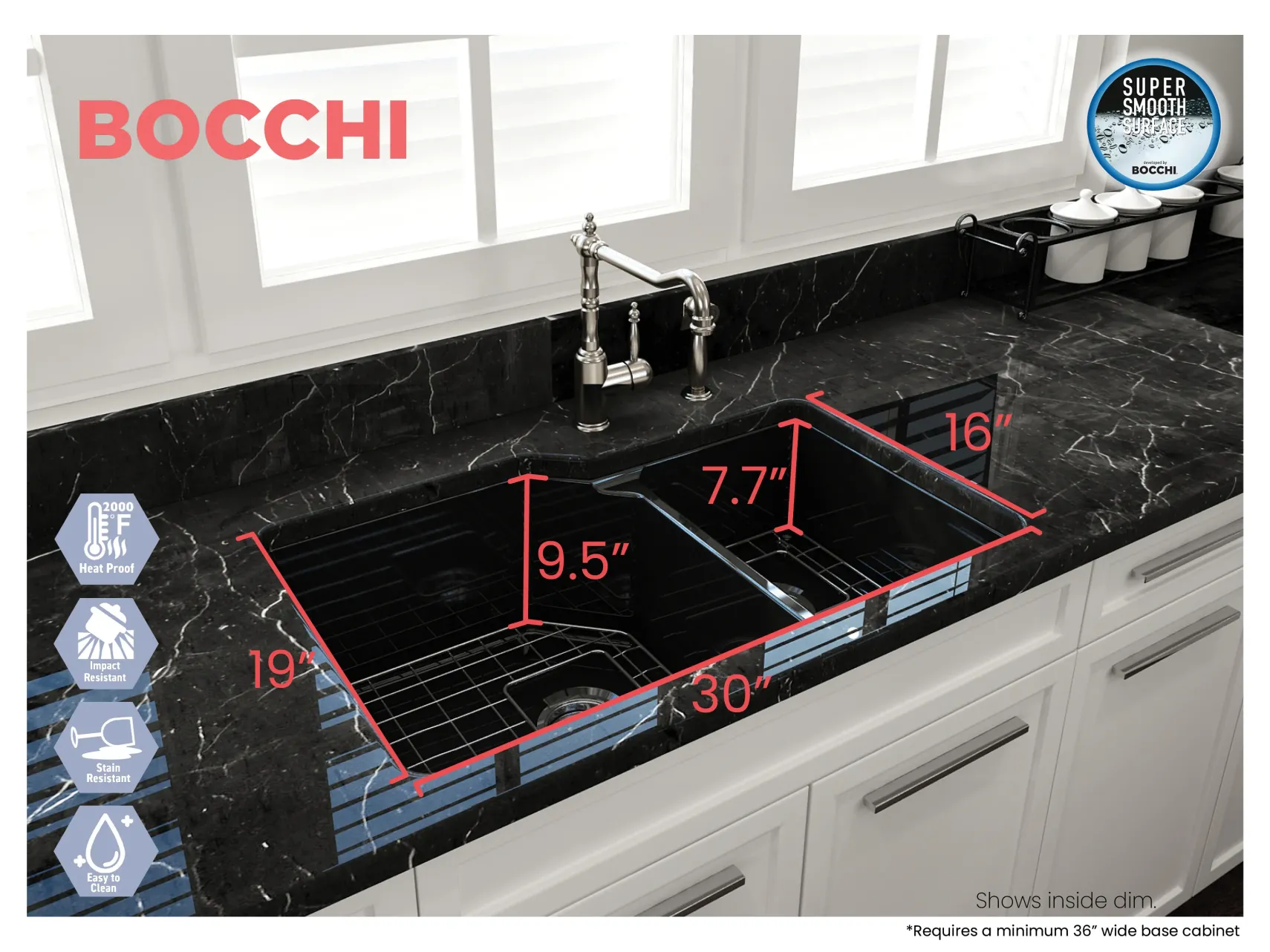BOCCHI Sotto 33" Dual Mount Fireclay Kitchen Sink with Accessories, 60/40 Double Bowl, Black, 1506-005-0120