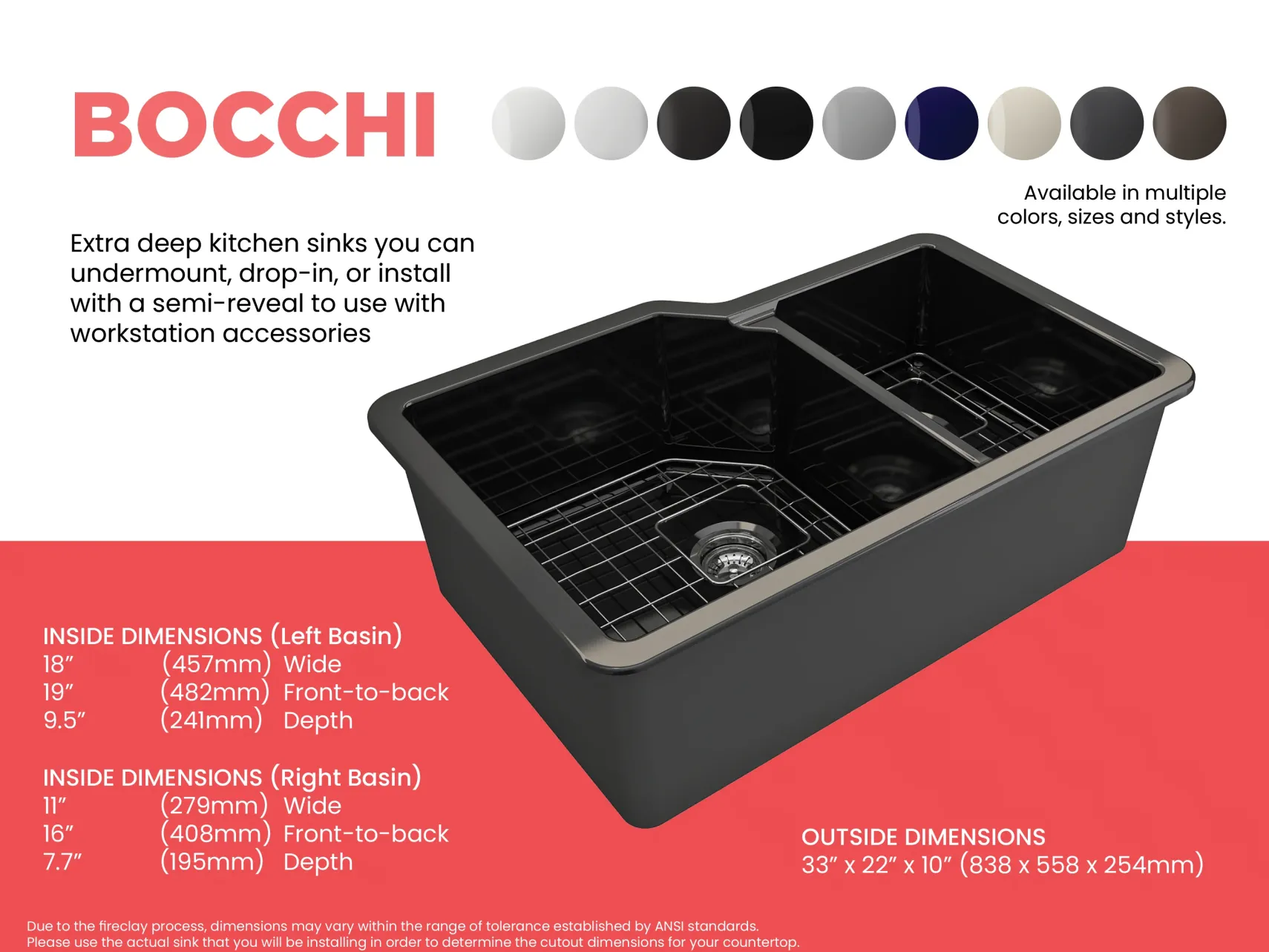 BOCCHI Sotto 33" Dual Mount Fireclay Kitchen Sink with Accessories, 60/40 Double Bowl, Black, 1506-005-0120