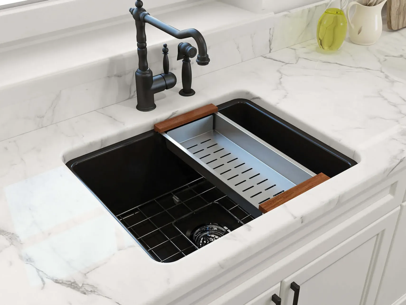 BOCCHI Sotto 24" Dual Mount Fireclay Kitchen Sink Kit with Accessories, Matte Black, 1627-004-0120