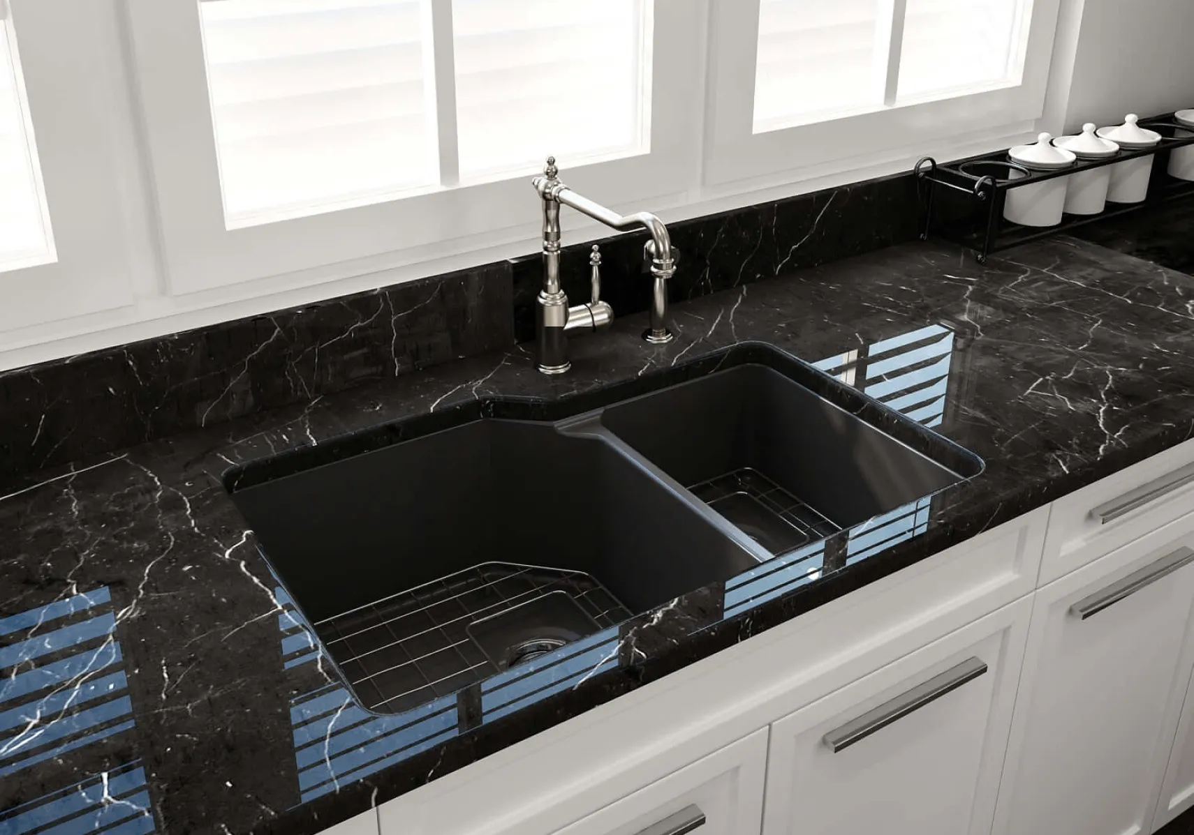 BOCCHI Sotto 33" Dual Mount Fireclay Kitchen Sink with Accessories, 60/40 Double Bowl, Matte Dark Gray, 1506-020-0120