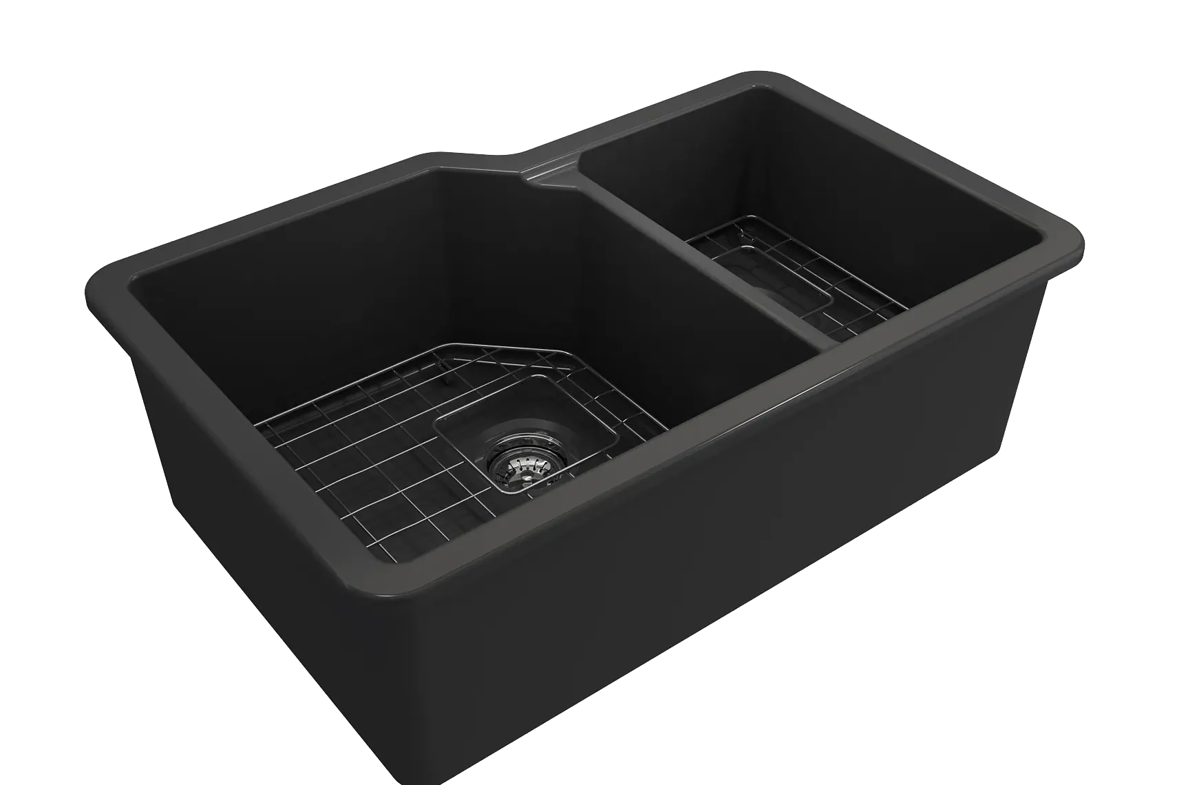 BOCCHI Sotto 33" Dual Mount Fireclay Kitchen Sink with Accessories, 60/40 Double Bowl, Matte Dark Gray, 1506-020-0120
