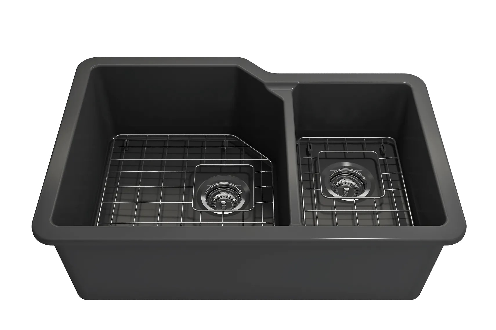 BOCCHI Sotto 33" Dual Mount Fireclay Kitchen Sink with Accessories, 60/40 Double Bowl, Matte Dark Gray, 1506-020-0120