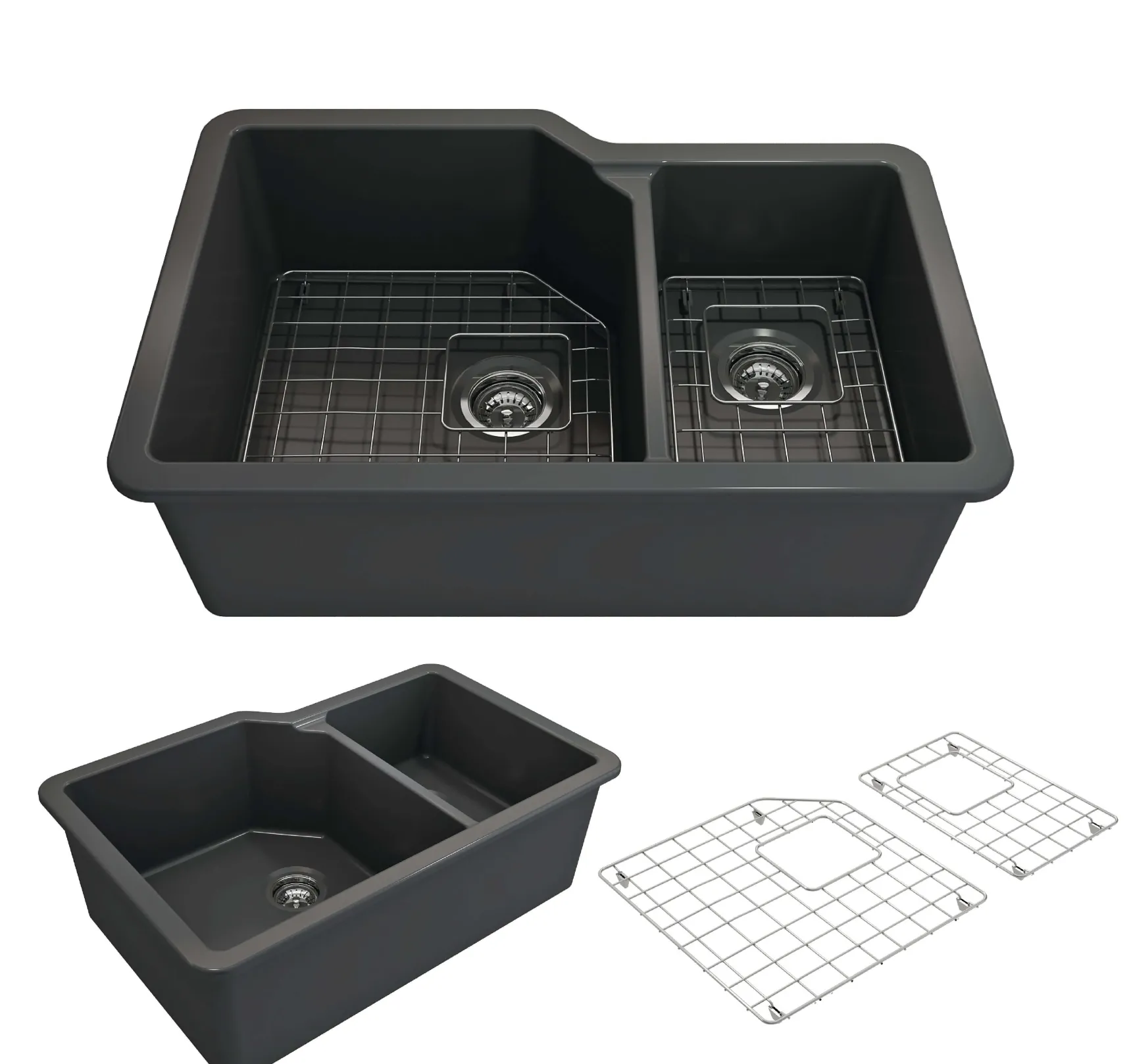 BOCCHI Sotto 33" Dual Mount Fireclay Kitchen Sink with Accessories, 60/40 Double Bowl, Matte Dark Gray, 1506-020-0120