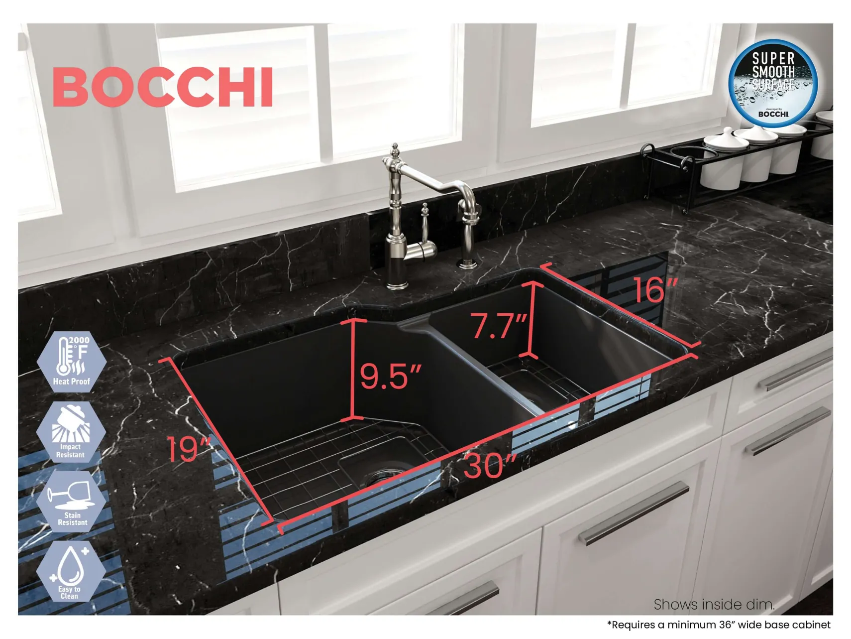 BOCCHI Sotto 33" Dual Mount Fireclay Kitchen Sink with Accessories, 60/40 Double Bowl, Matte Dark Gray, 1506-020-0120