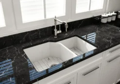 BOCCHI Sotto 33" Dual Mount Fireclay Kitchen Sink with Accessories, 60/40 Double Bowl, Matte White, 1506-002-0120
