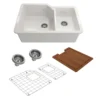BOCCHI Sotto 33" Dual Mount Fireclay Workstation Kitchen Sink Kit with Accessories, 60/40 Double Bowl, White, 1506-001-KIT1