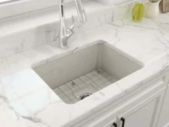 BOCCHI Sotto 24" Dual Mount Fireclay Kitchen Sink Kit with Accessories, Biscuit, 1627-014-0120