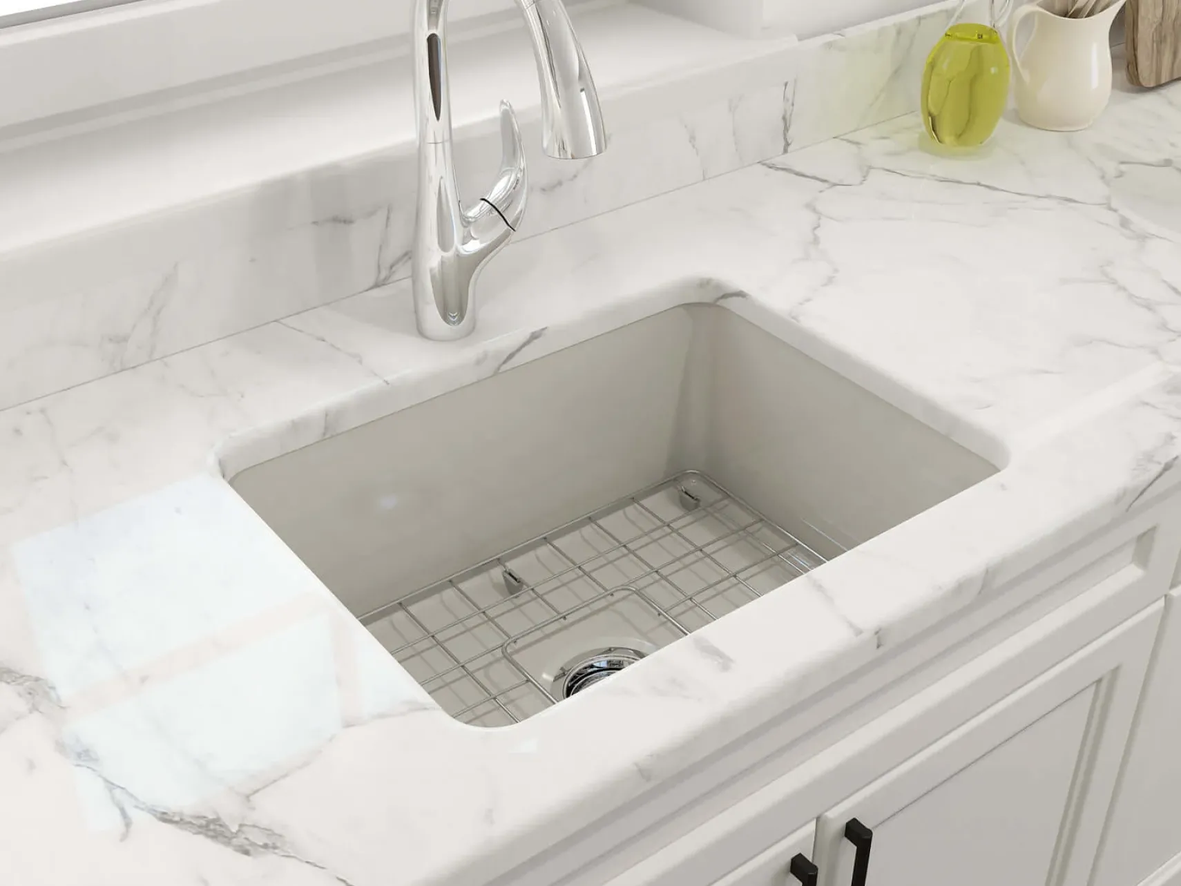 BOCCHI Sotto 24" Dual Mount Fireclay Kitchen Sink Kit with Accessories, Biscuit, 1627-014-0120
