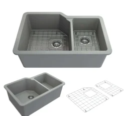 BOCCHI Sotto 33" Dual Mount Fireclay Kitchen Sink with Accessories, 60/40 Double Bowl, Matte Gray, 1506-006-0120