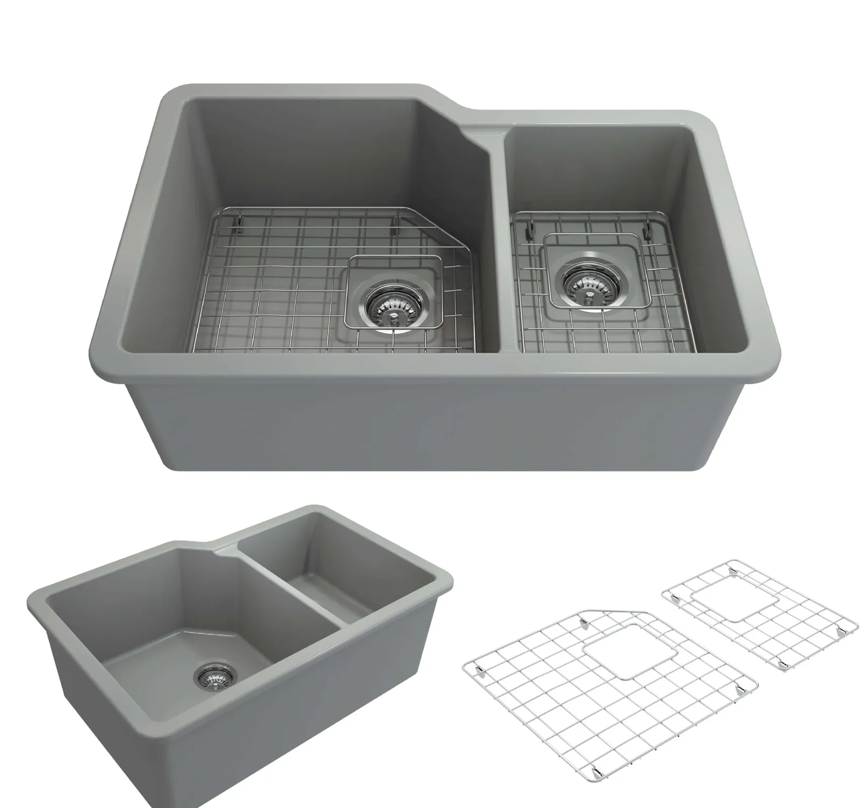 BOCCHI Sotto 33" Dual Mount Fireclay Kitchen Sink with Accessories, 60/40 Double Bowl, Matte Gray, 1506-006-0120