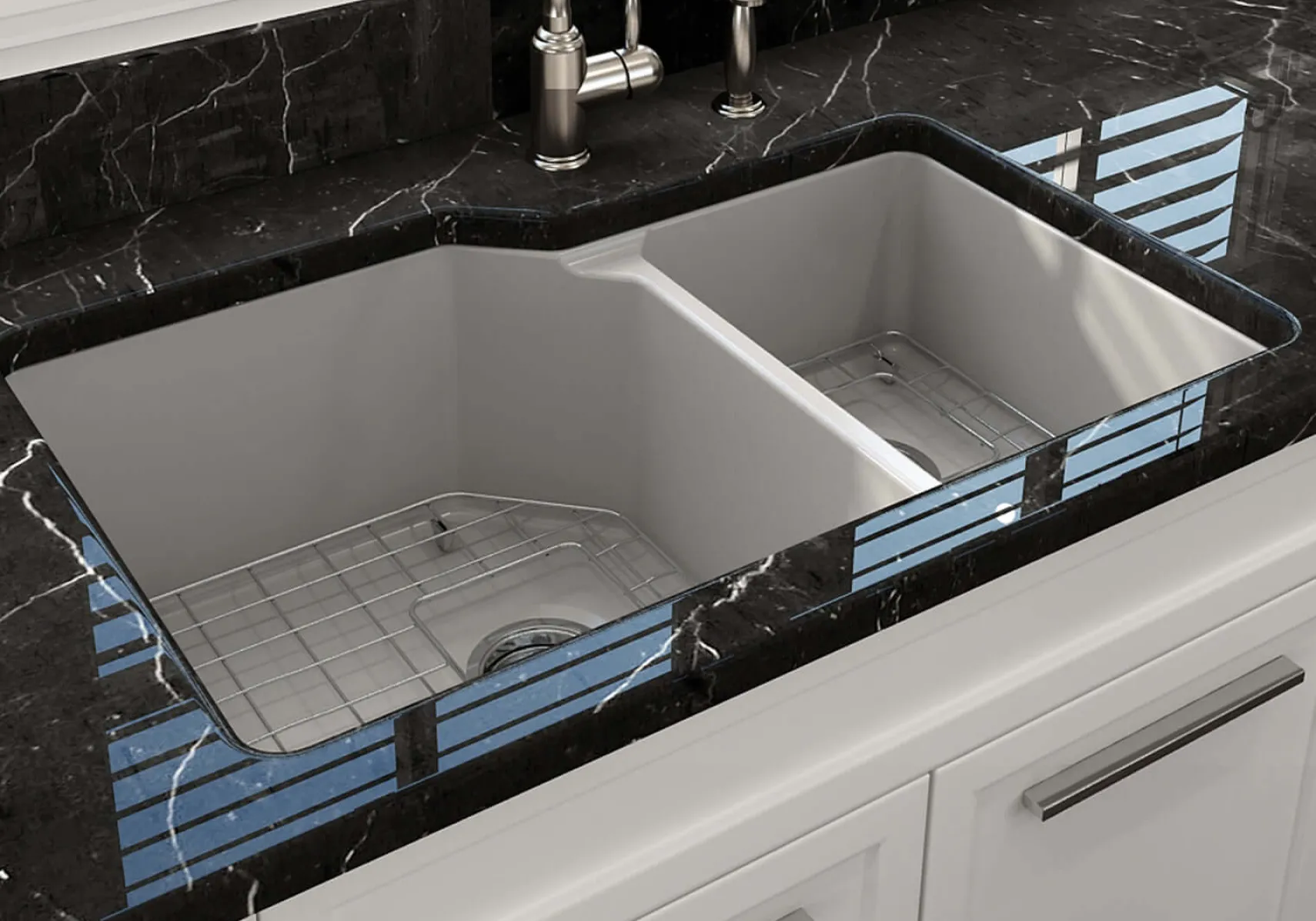 BOCCHI Sotto 33" Dual Mount Fireclay Kitchen Sink with Accessories, 60/40 Double Bowl, Matte Gray, 1506-006-0120