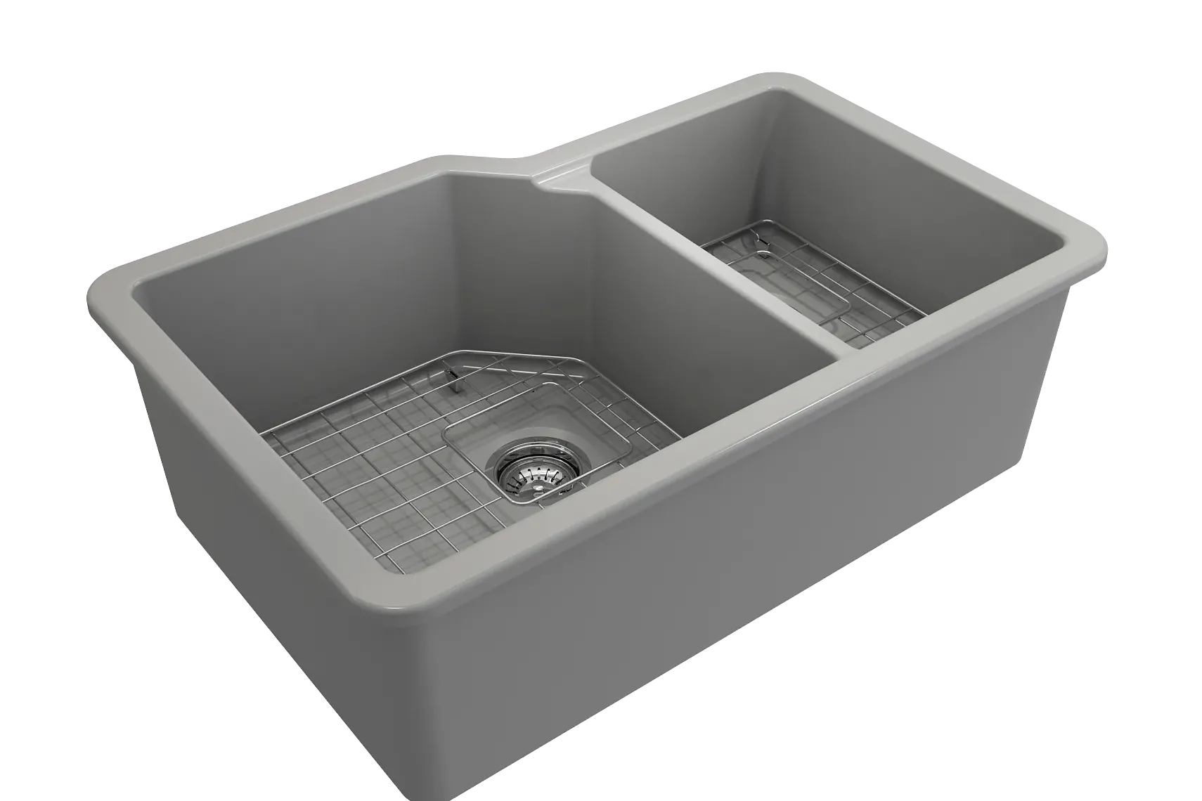 BOCCHI Sotto 33" Dual Mount Fireclay Kitchen Sink with Accessories, 60/40 Double Bowl, Matte Gray, 1506-006-0120