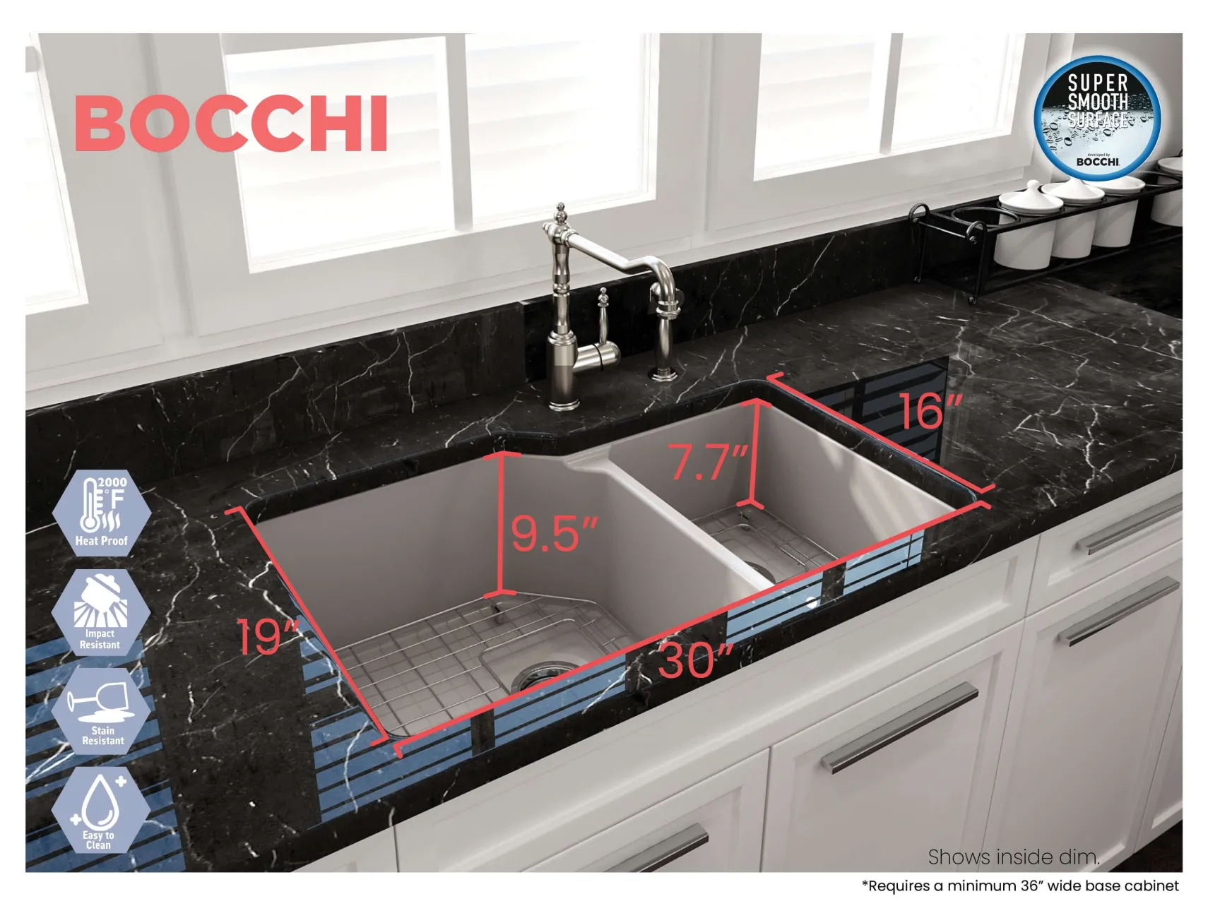 BOCCHI Sotto 33" Dual Mount Fireclay Kitchen Sink with Accessories, 60/40 Double Bowl, Matte Gray, 1506-006-0120