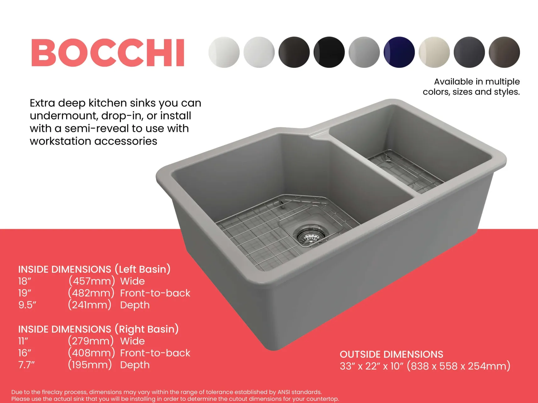 BOCCHI Sotto 33" Dual Mount Fireclay Kitchen Sink with Accessories, 60/40 Double Bowl, Matte Gray, 1506-006-0120